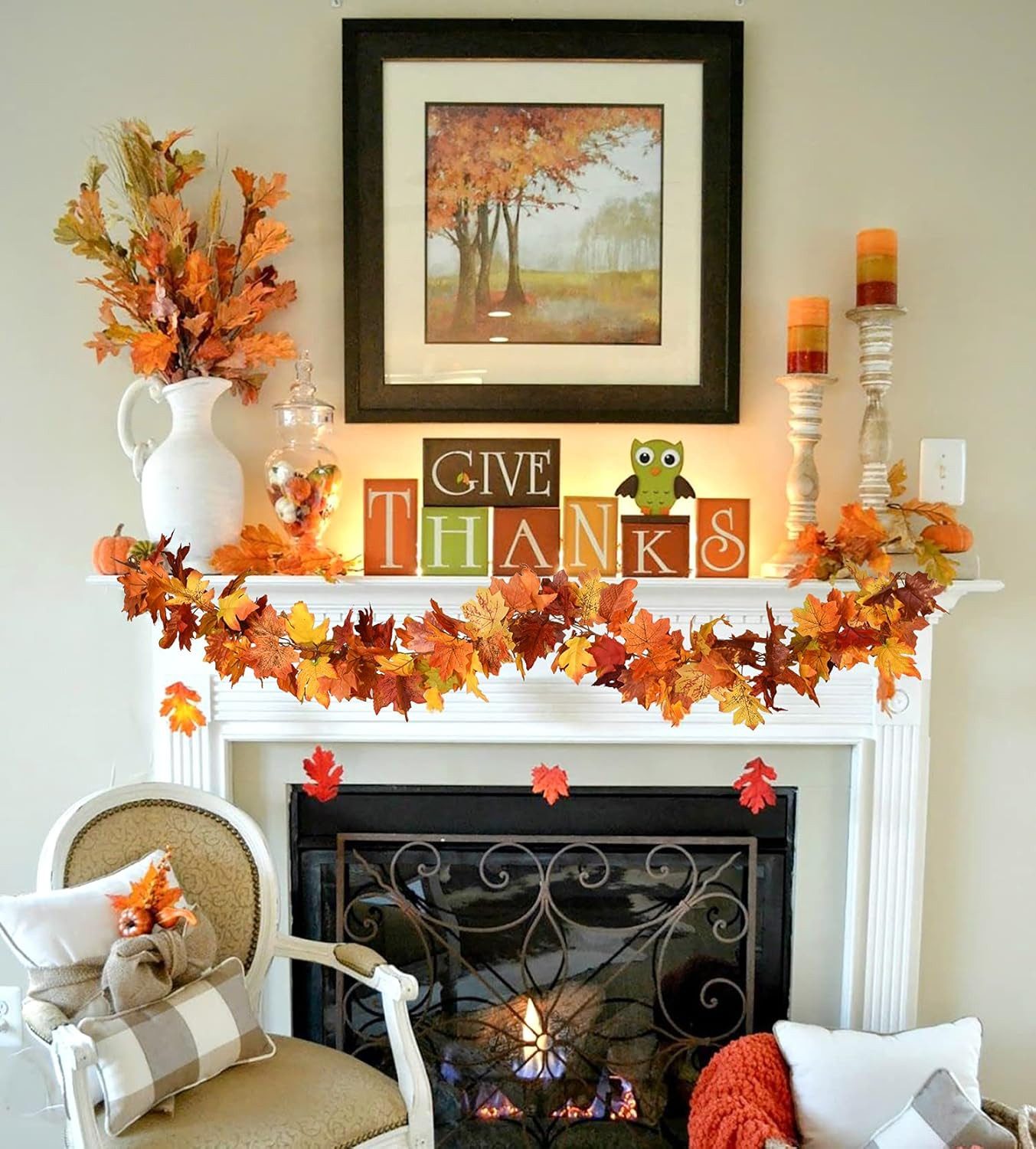 Kunstranke Herbst Girlande Ahornblätter, Ahornblatt Kürbis Herbstkranz, Sorvyzxn, Halloween Girlande Dekorationen für Tisch Kamin Fenster Außenbereich – Bild 5 von 5