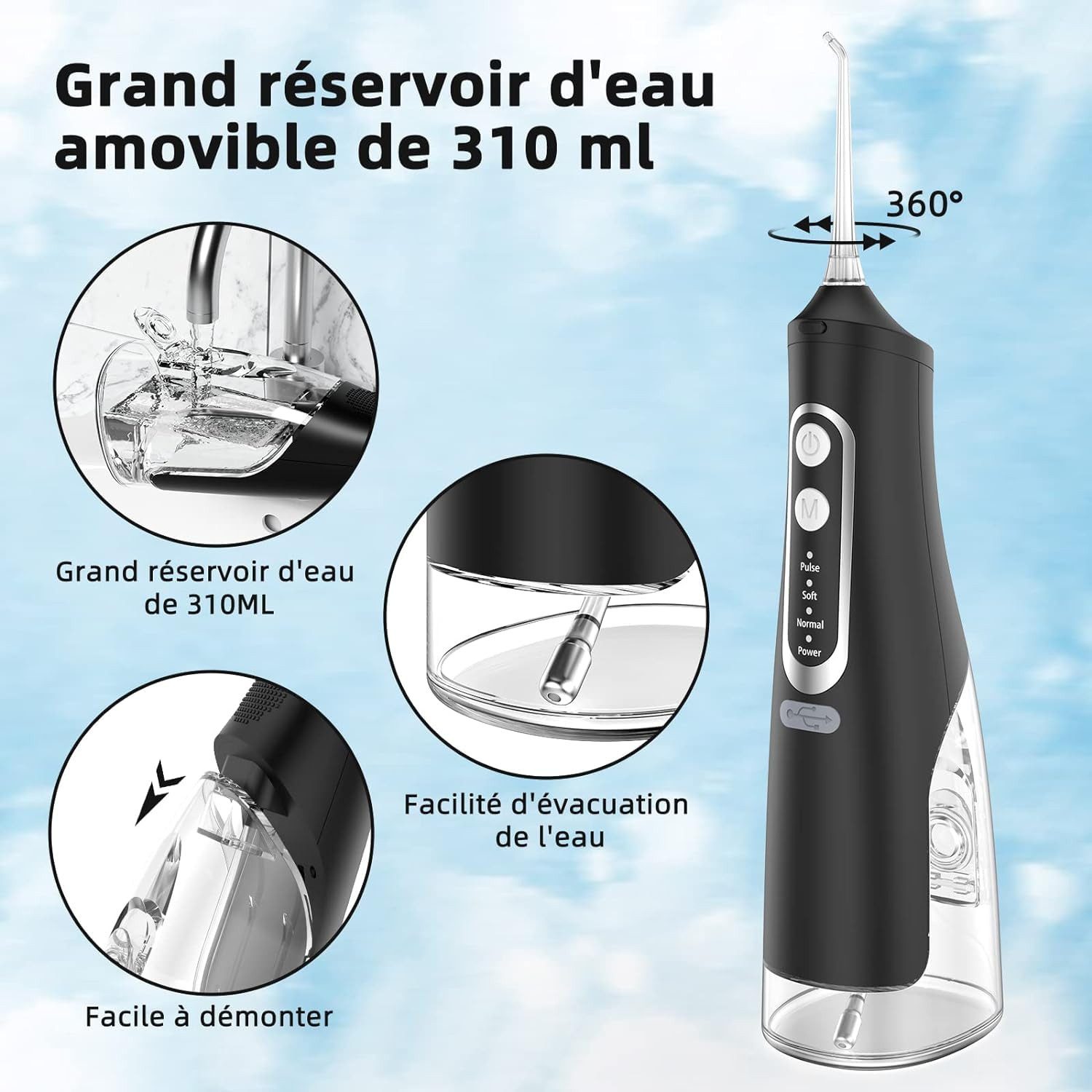 ibettertec Munddusche Munddusche Kabellos Tragbar Elektrische Zahnreiniger,310ML Wassertank, Aufsätze: 8 St., Wiederaufladbar Zahndusche Doppelt Wasser Flosser IPX7 Wasserdicht