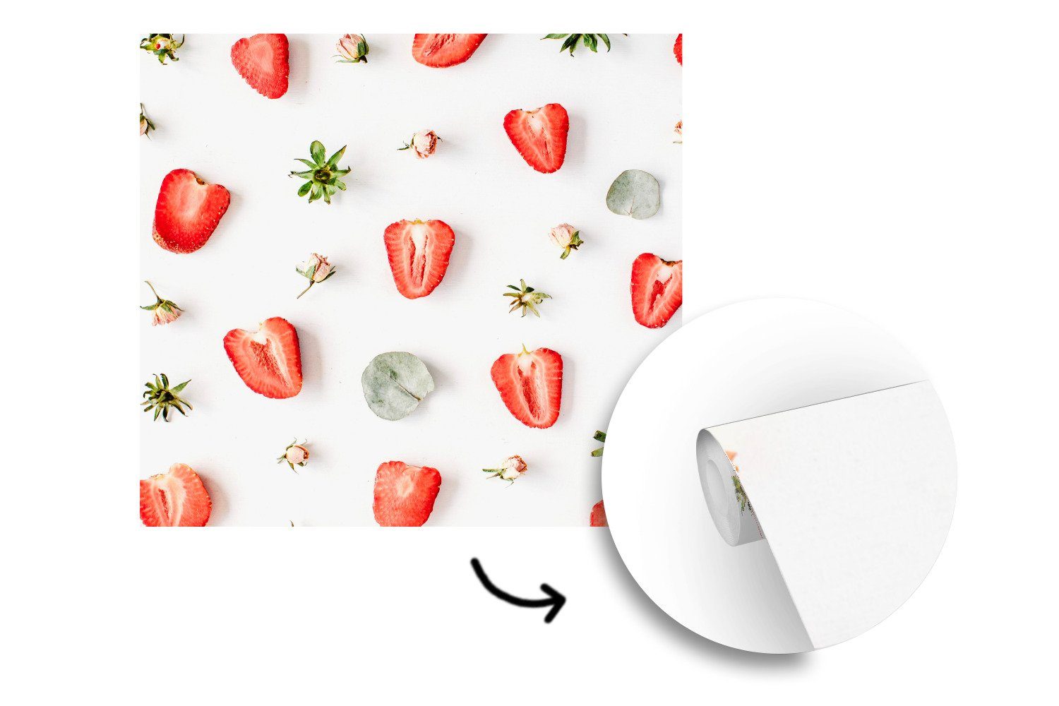 für Schlafzimmer, Vinyl - - St), bedruckt, Fototapete Wandtapete Tapete MuchoWow Sommer Erdbeeren (5 Wohnzimmer Eiswürfel, oder Matt,