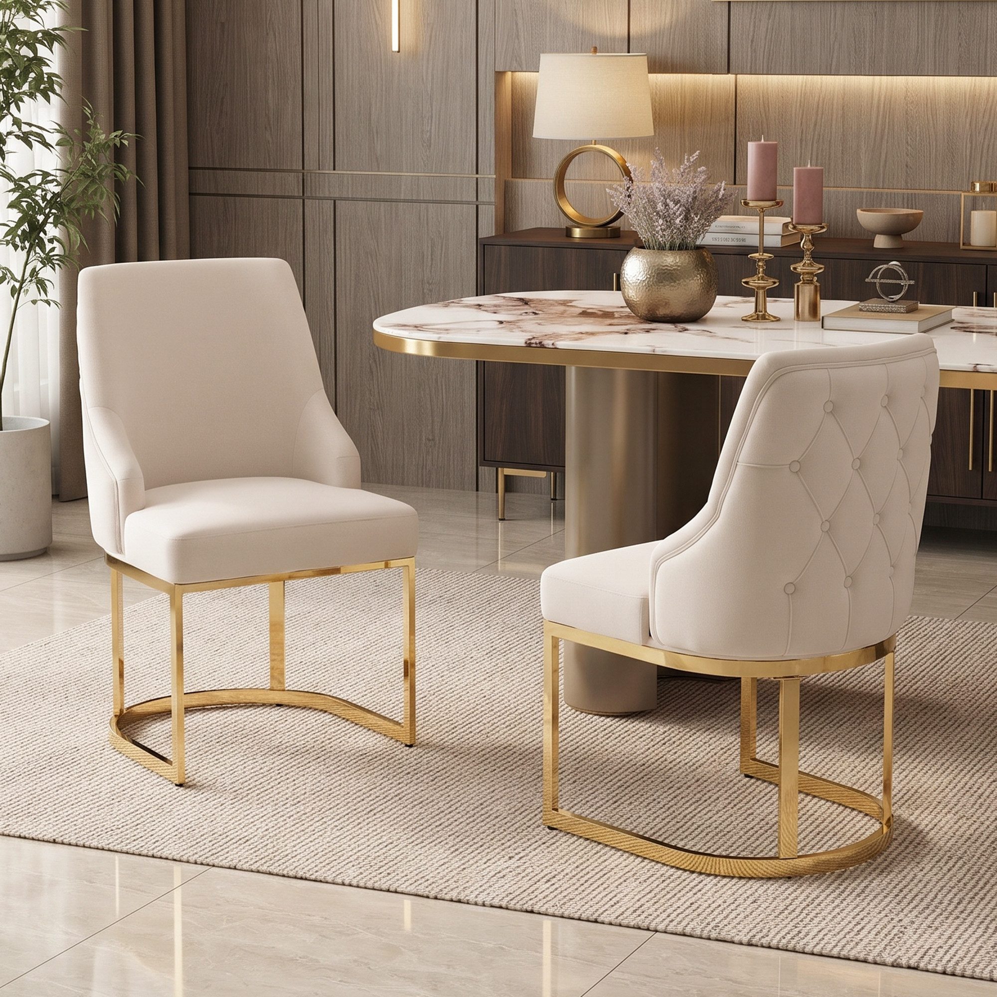 Flieks Polsterstuhl Esszimmerstühle Freischwinger (mit verstellbaren Fußpolstern, Set, 2 St), 2er Set Küchenstühle Schalenstuhl Wohnzimmerstuhl Samtstoff Beige&Gold