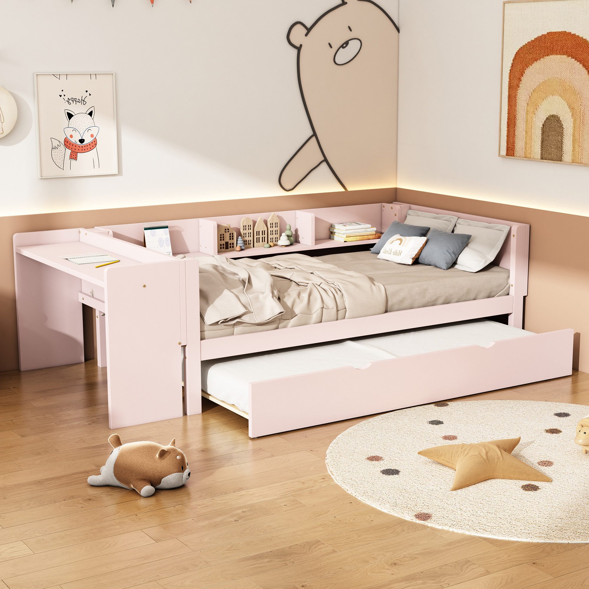 TavilaEcon Stapelbett Multifunktionales Kinderbett mit Schreibtisch & Ausziehbett, 3 seitliche Regale, 90x200cm (ausziehbar auf 180cm) – Bild 3 von 5