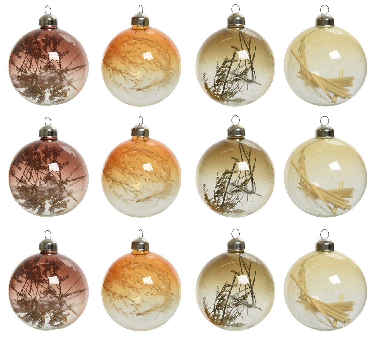 Decoris season decorations Weihnachtsbaumkugel, Weihnachtskugeln Glas 8cm gefüllt mit Trockenblumen 12er Set braun mix