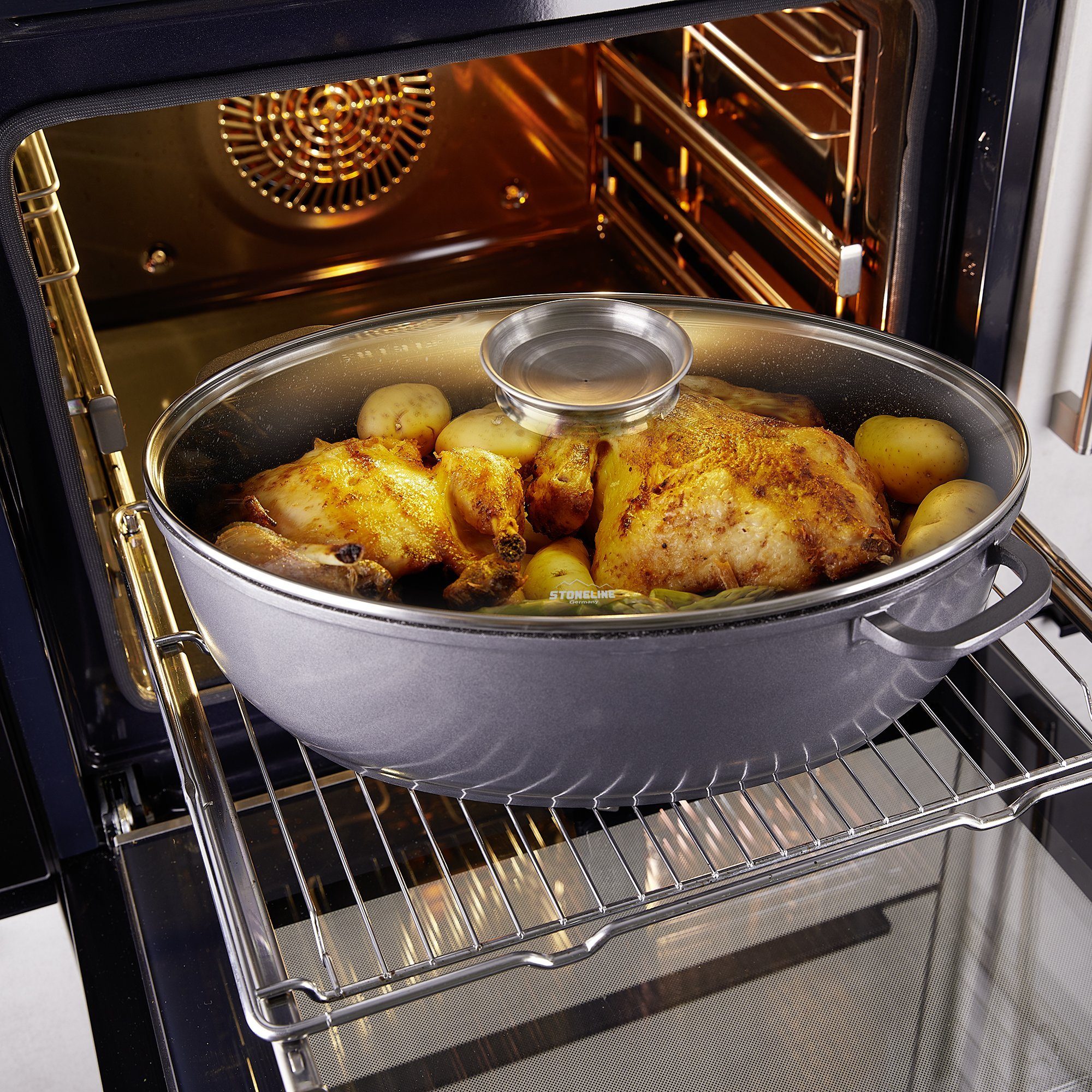 STONELINE Bräter, Aluminiumguss (2-tlg), mit echten Steinpartikeln, induktionsgeeignet, Designed in Germany