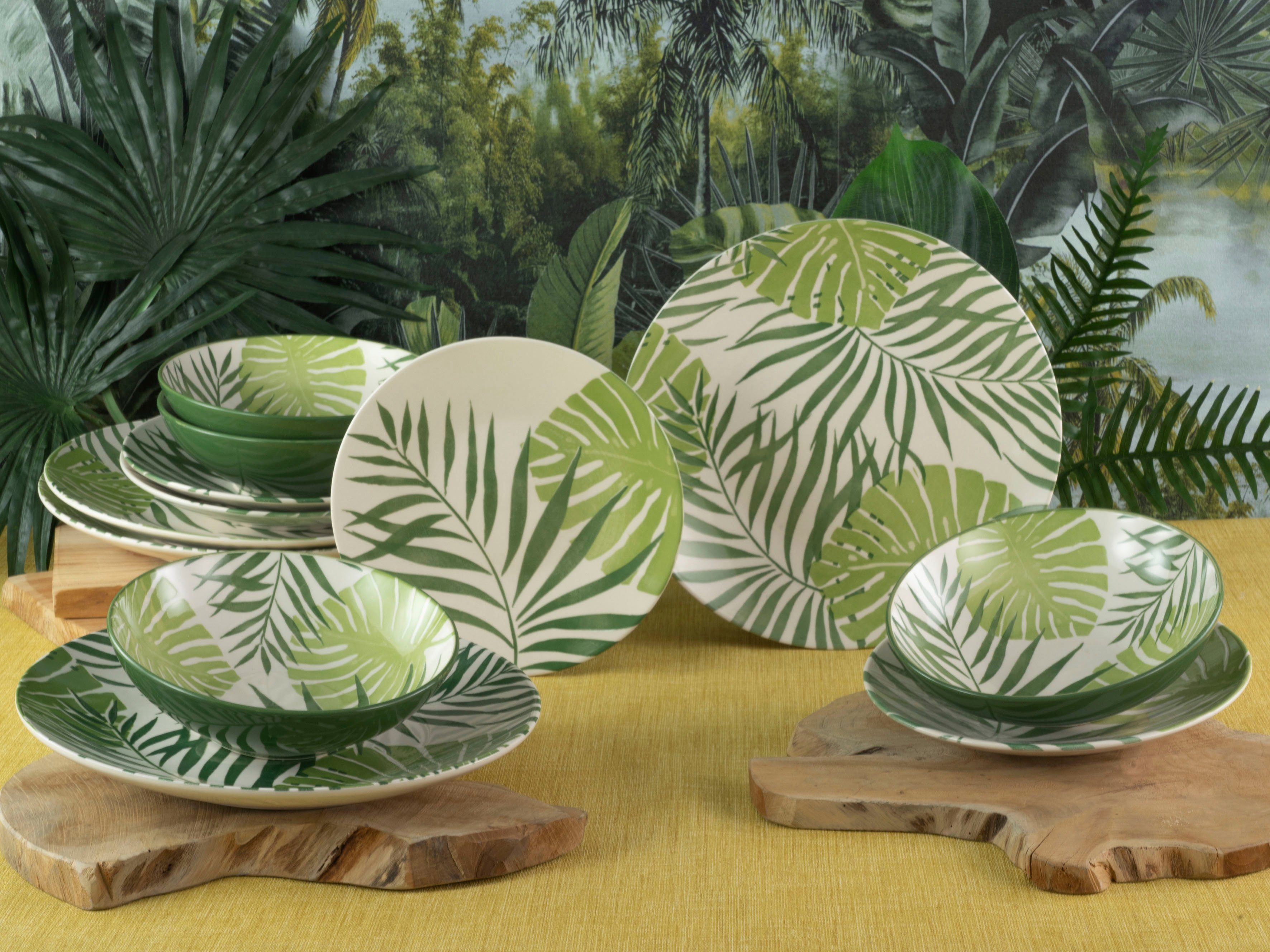 coolem Tropicana Dekor Teller-Set vollflächiger Personen, Steinzeug, Grün Mix Blätter in Green tropischer CreaTable 4 (12-tlg),