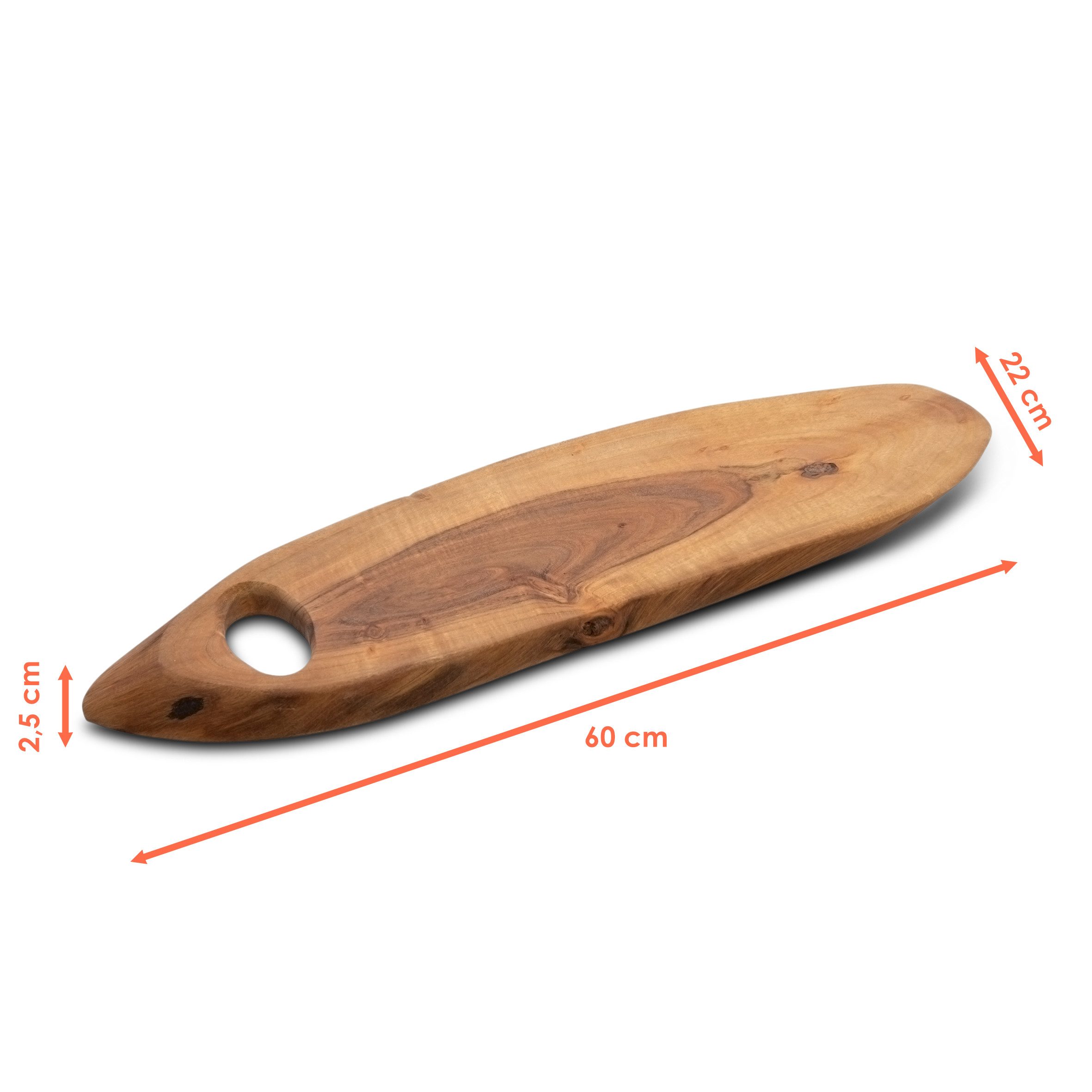 Spetebo Tablett Akazien Baumscheibe Tablett lebensmittelecht - 60 x 22 cm, Akazienholz, (Stück, 1-tlg., Deko Tablett), Holz Servierbrett braun mit Griffloch