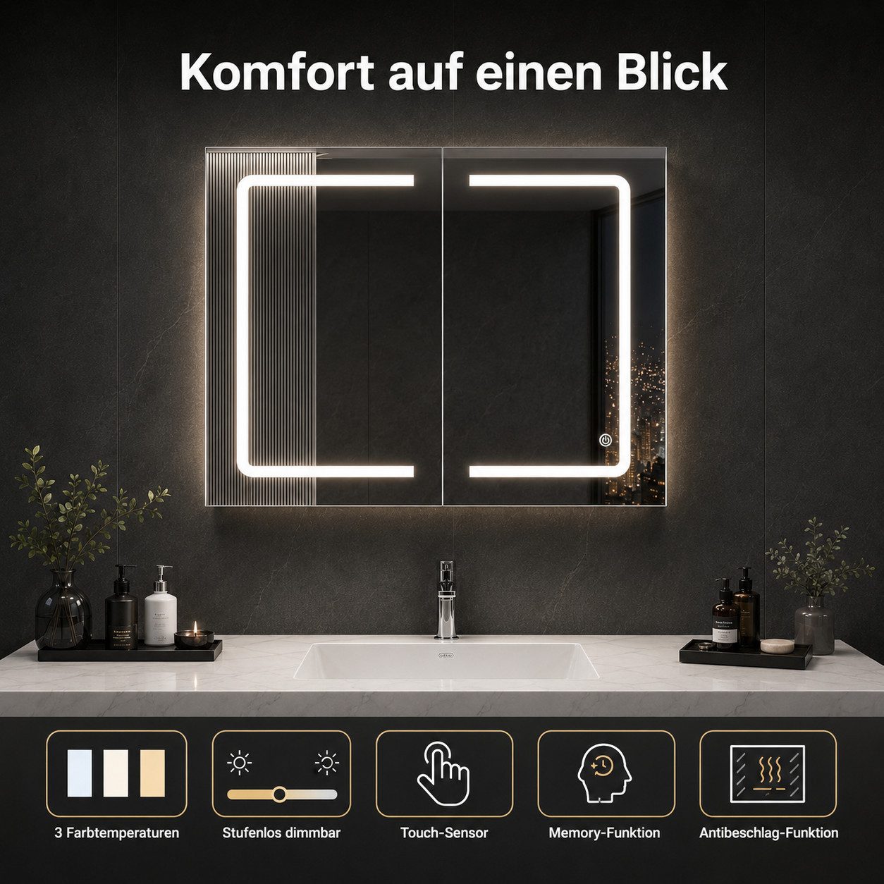 Simurq Spiegelschrank Spiegelschrank 80cm mit LED Beleuchtung & Anti-Beschlag (Spiegelschrank, Glasböden, LED-Beleuchtung, Netzteil, Montagezubehör) LED-Badezim – Bild 4 von 5