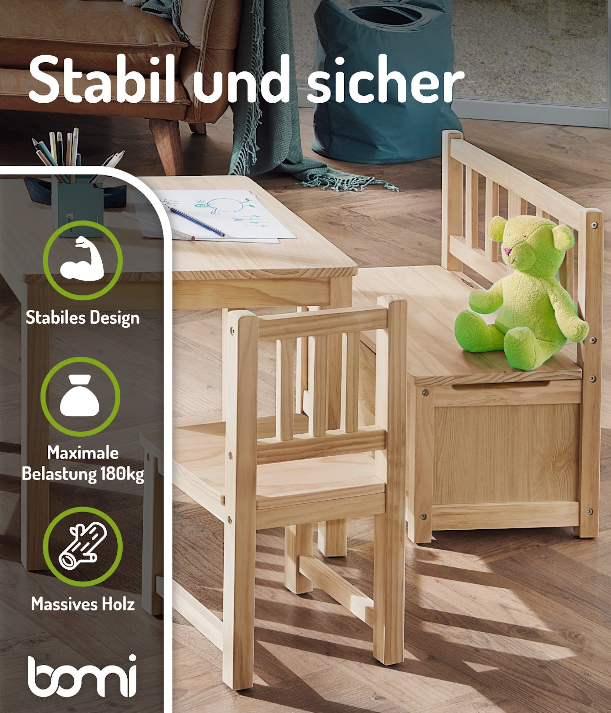 BOMI Kindersitzgruppe Holzsitzgruppe Anna, (Set, 4-tlg., 1x Tisch, 1x Truhenbank & 2x Stühle), Kindertischgruppe aus Holz, als Spiel- & Maltisch – Bild 5 von 5