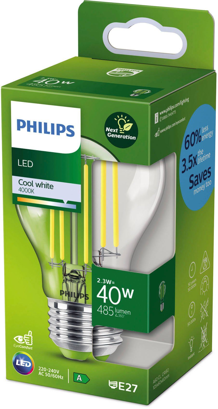 Philips E27, LED-Leuchtmittel A-Label Neutralweiß, Classic, 1 St.,
