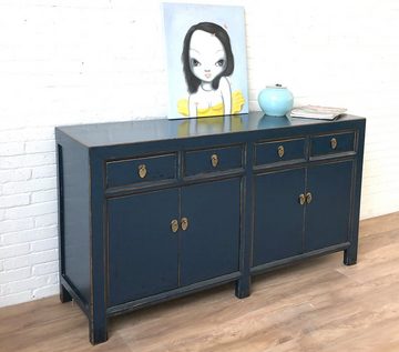 OPIUM OUTLET Kommode Asiatischer Schrank chinesische Kommode orientalisches Sideboard Vintage Landhaus Shabby Antik-Stil Holz blau Wohnzimmer Esszimmer, Breite 150 cm; Tiefe 40 cm; Höhe 85 cm