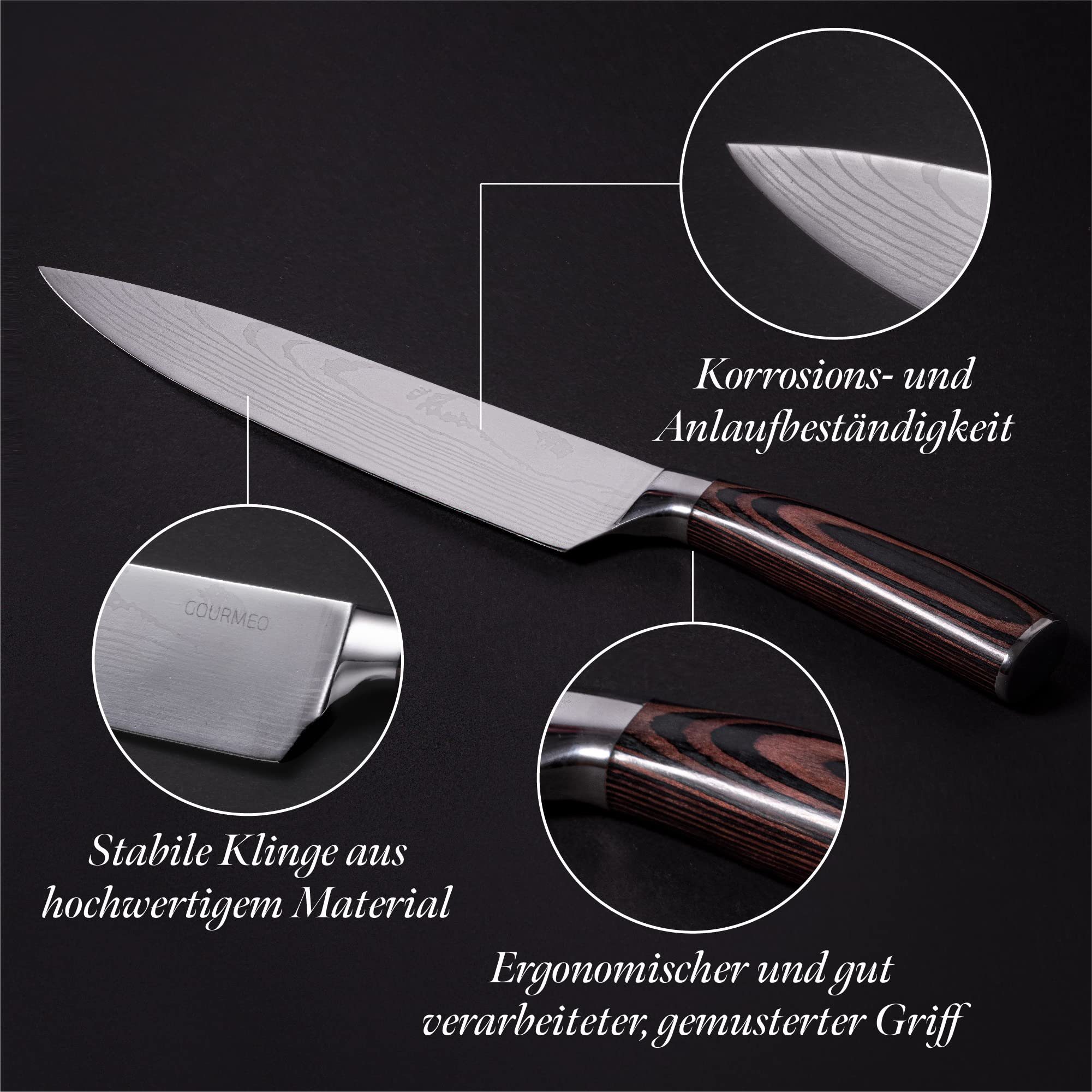 Küchenmesser mit Profi - GOURMEO Messer mit Küchenmesser Kochmesser Holzgriff Edelstahl Professionelles Edelstahl Holzgriff,