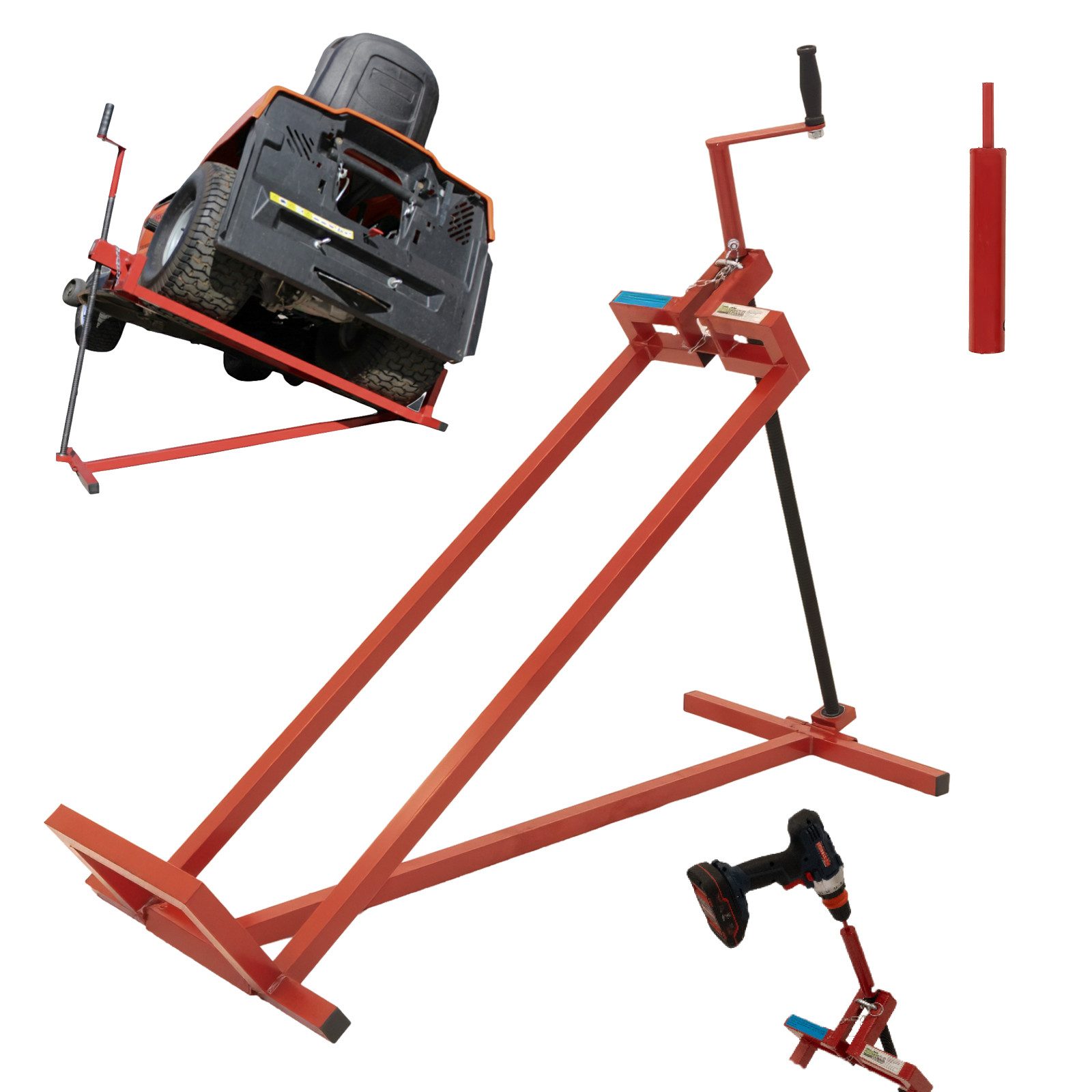 TRUTZHOLM Rasentraktor Rasentraktorheber 400 kg Akkuschrauber-Adapter, stufenlos & klappbar, 0 cm Schnittbreite, Artikel, Kugelgelagerte Kurbel,Stufenlos verstellbar