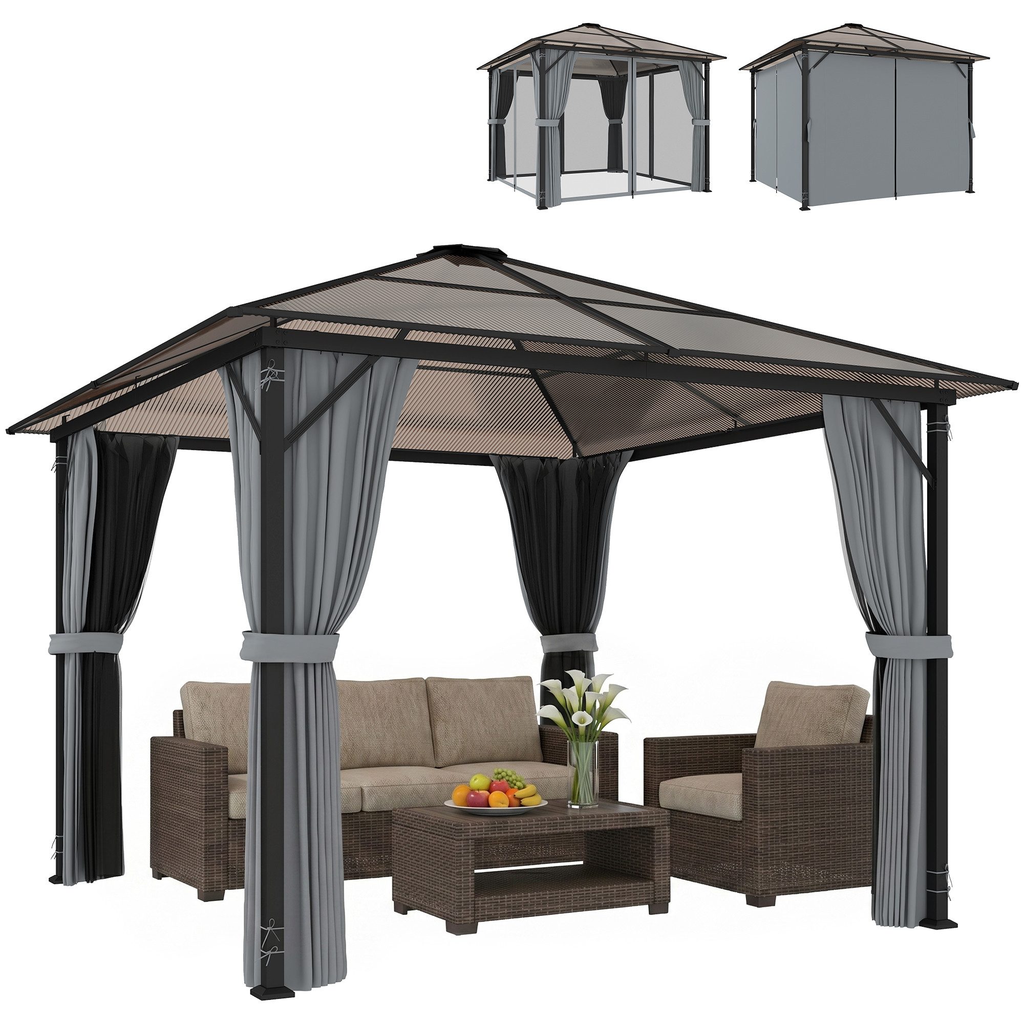 Outsunny Pavillon mit Seitenteilen, PC Dach, mit 4 Seitenteilen, (Partyzelt, Gartenpavillon), für Garten, Balkon, Grau