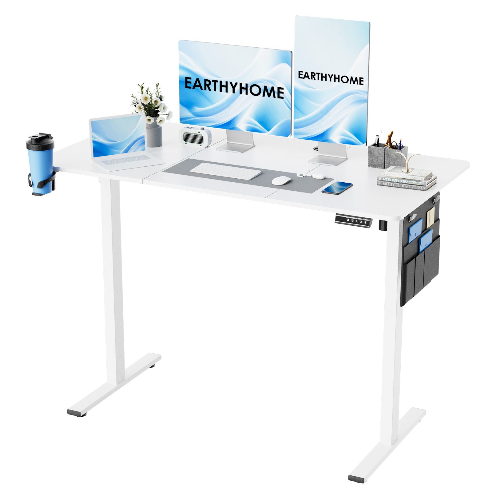 Earthyhome Schreibtisch Elektrisch höhenverstellbar mit 3-Funktions-Memory, mit Kabelmanagement und Haken, Intelligenter Kollisionsschutz