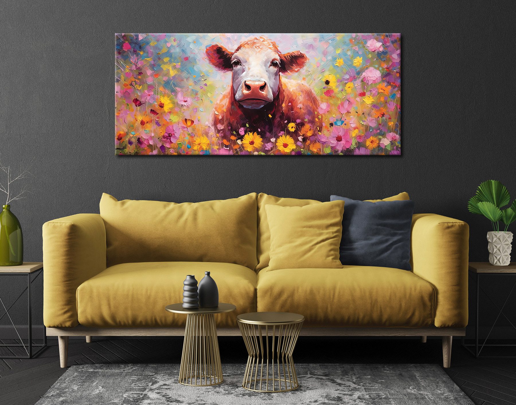 Bönninghoff Leinwandbild Wandbild BUNTE KUH 60x140 cm – Leinwandbild Keilrahmen Deko modern, Blumen, Kuh, Kühe (1 St), auf Keilrahmen gespannt – Bild 2 von 5
