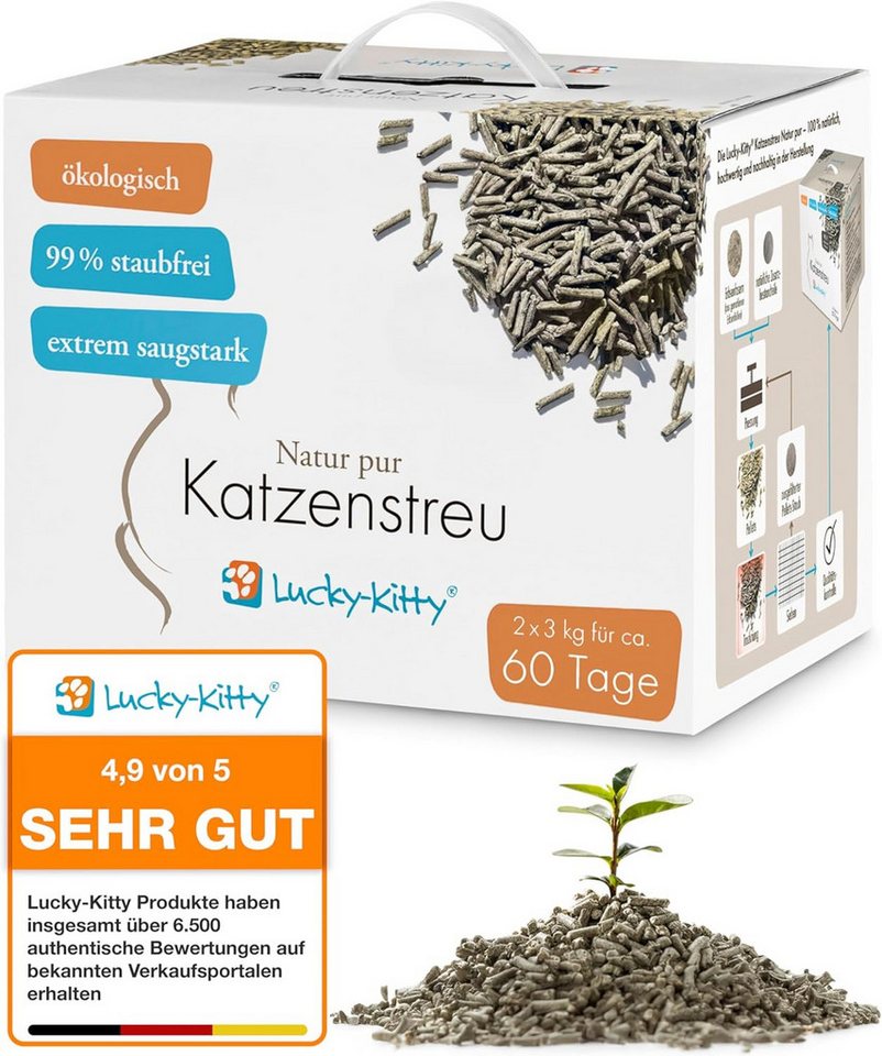 Lucky-Kitty Katzenstreu 6 kg Klumpstreu hochsaugfähig und geruchsneutralisierend mit Duft (auch im praktischen 4er Vorteilspack, reicht für etwa 60 Tage je Packung), staubfrei & klumpend, Allergiker-freundlich, Streu mit Duft