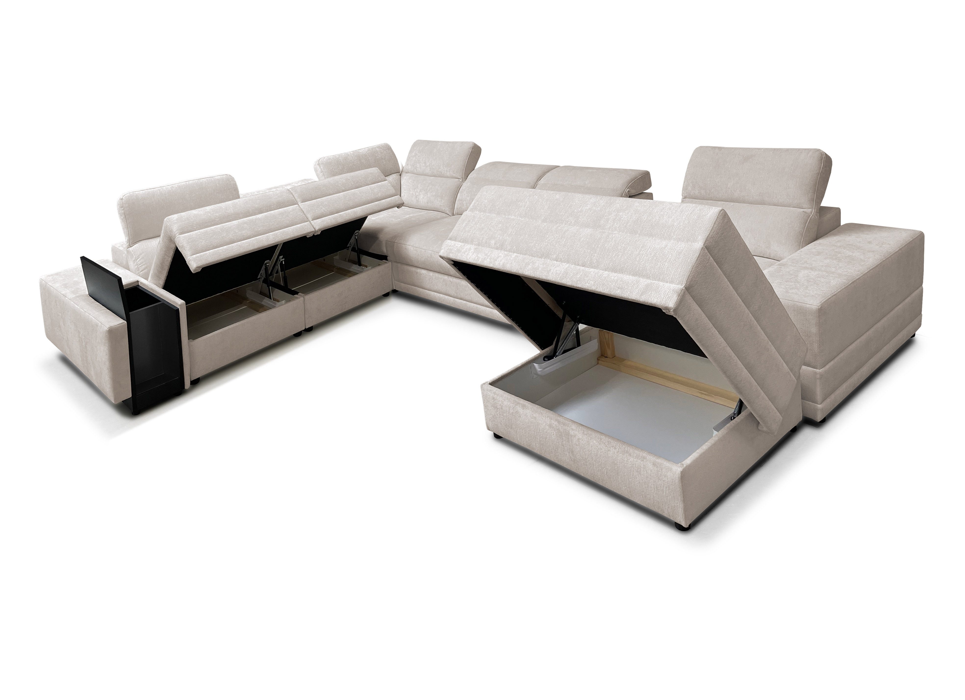 Möbel für Dich Wohnlandschaft XXL Enzo 15 mit freistellbarem Hocker und Schlaffunktion, mit 3 Bettkästen, Mittelkonsole und 7 verstellbaren Kopfstützen
