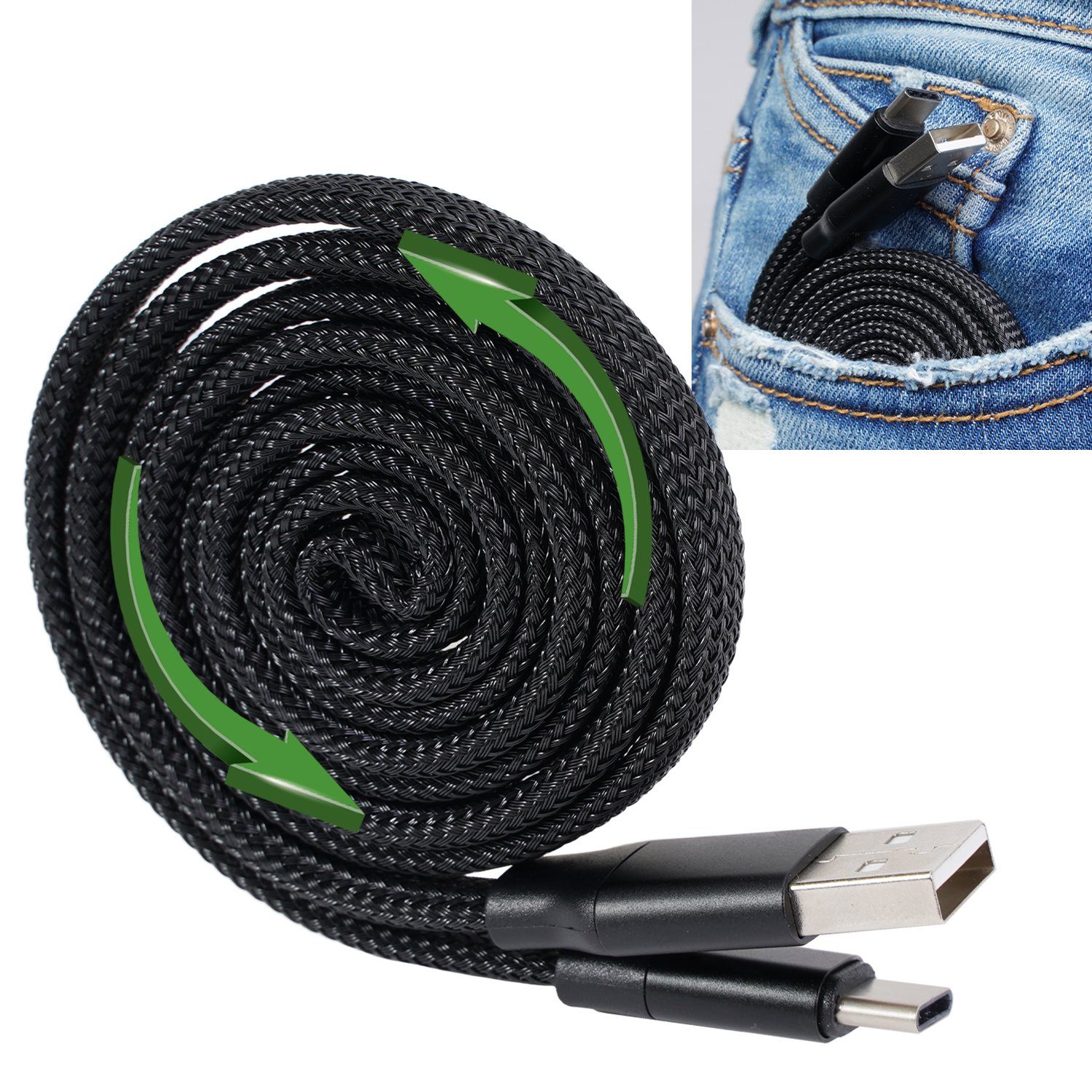 Cellularline Jojo USB-C Lade-Kabel Daten-Kabel 1m Audio-Kabel, USB-C, USB, YoYo Aufroll-Funktion, Schnell-Ladung, für Handy Smartphone Tablet PC