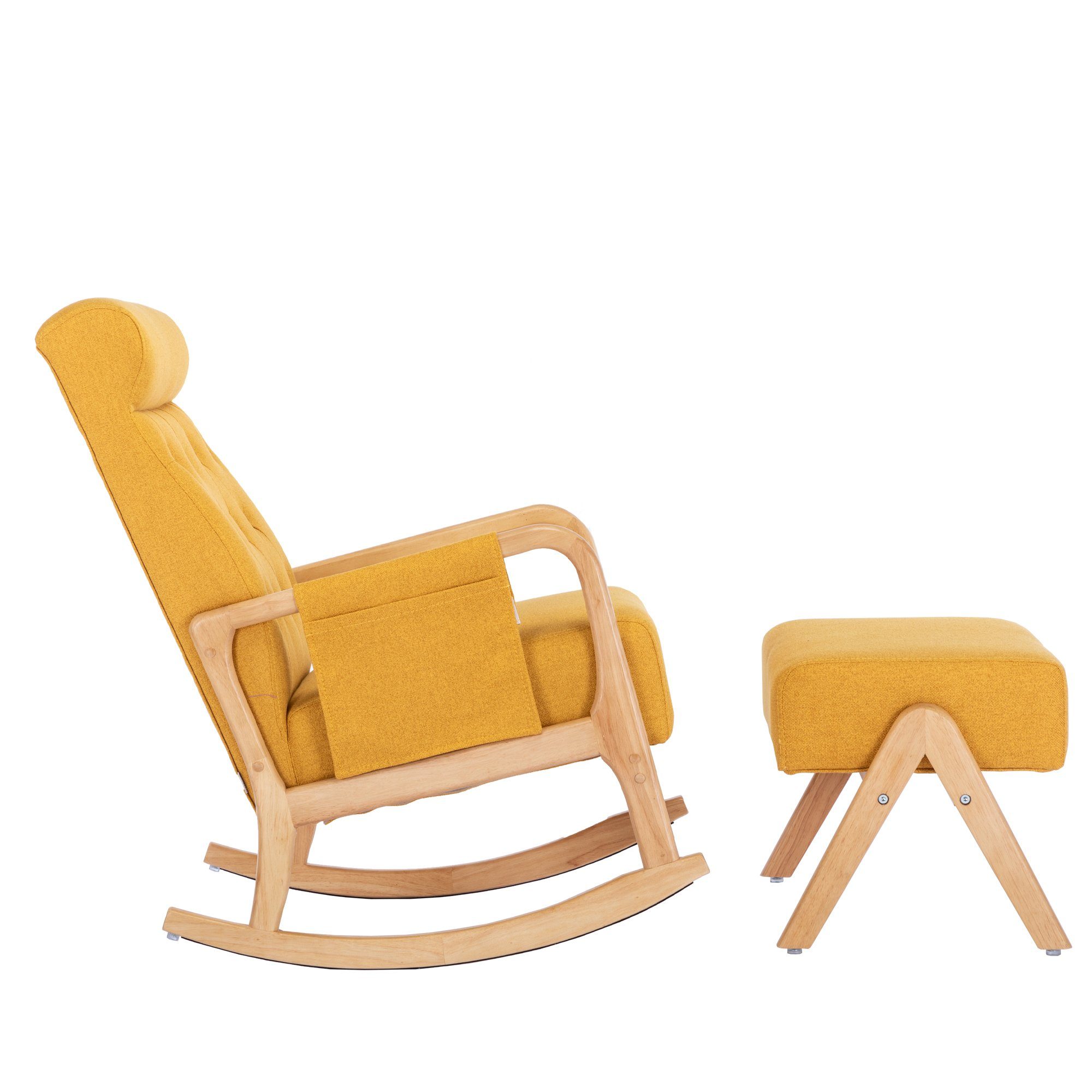 Massivholzrahmen Seitentaschen, Fangqi (2 Sessel, Fußstütze Schaukelstuhl St), Gartenstuhl Kopfstütze Gelb und mit