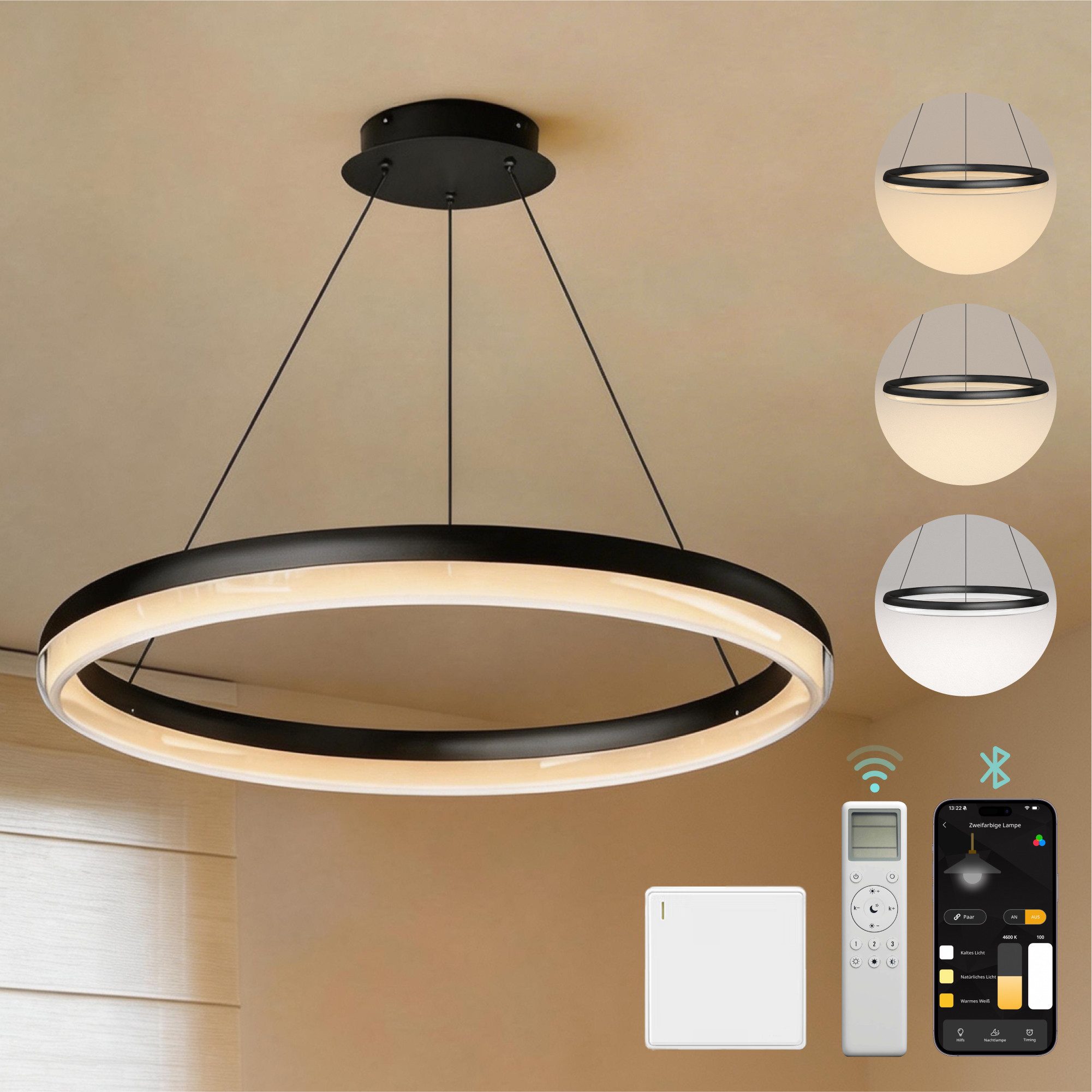 Mai & Mai Pendelleuchte Pendellampe LED-Hängelampe stufenlos dimmbar 3000K–6000K 20W Luvina05, LED-Pendelleuchte, Farbtemperatur von 3000K–6000K
