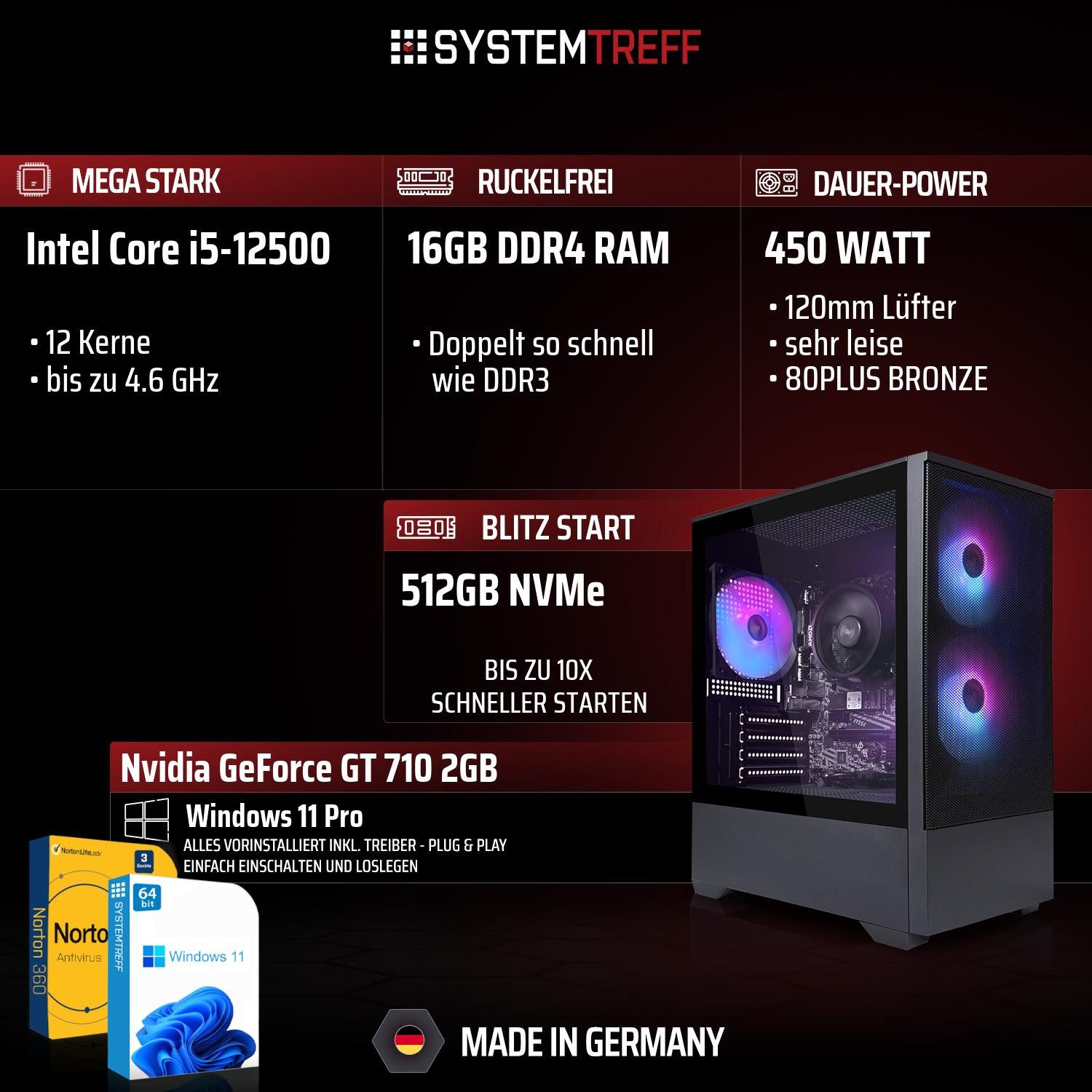 SYSTEMTREFF Intel Core i5-12500 mit Nvidia GeForce GT 710 2GB PC (Intel 12500 12500, GT 710, 16 GB RAM, 512 GB SSD, Luftkühlung)