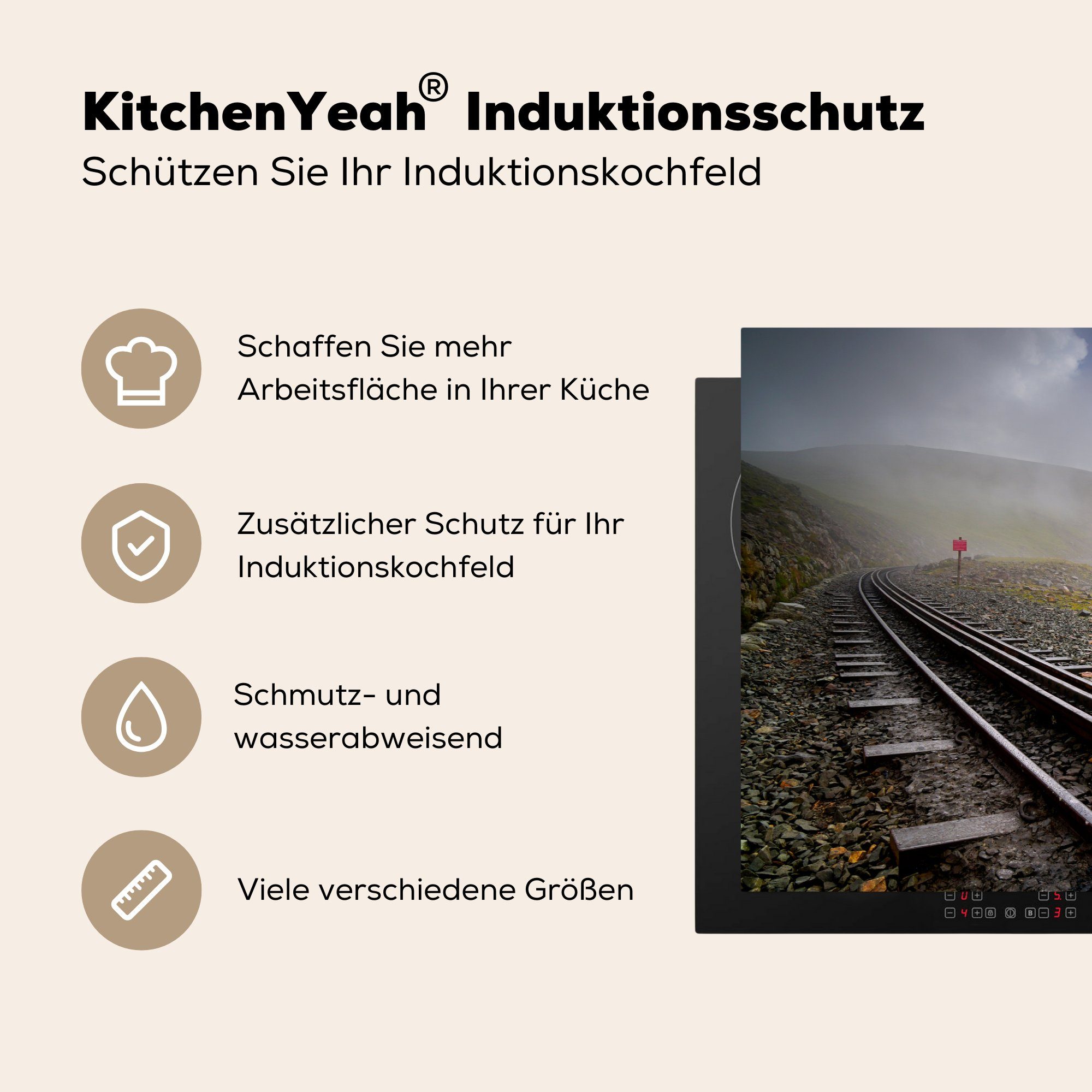 MuchoWow Herdblende-/Abdeckplatte Eine Eisenbahn mit Vinyl, die küche, Blick tlg), Schutz für grüne auf 81x52 Landschaft, Ceranfeldabdeckung Induktionskochfeld (1 cm, die