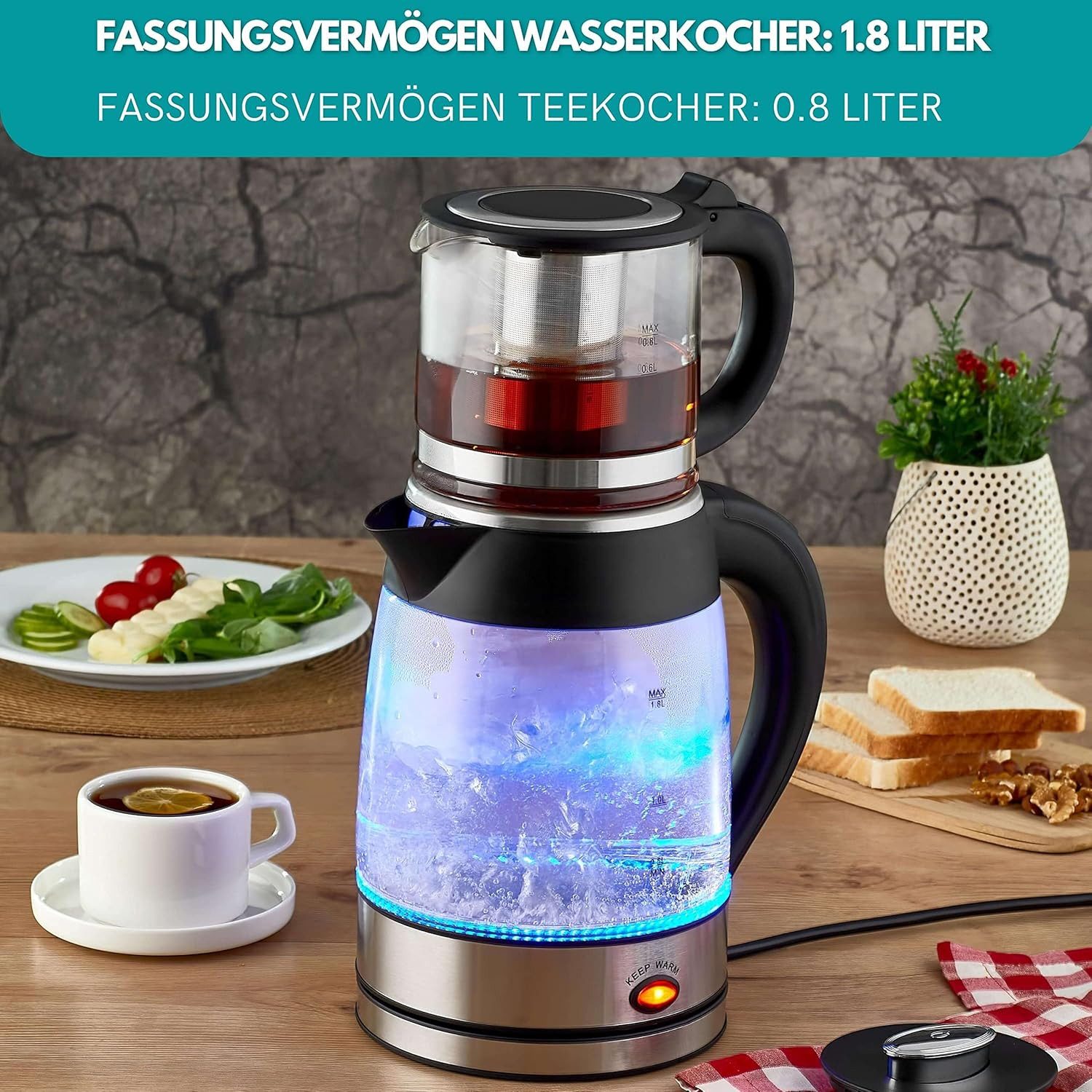 Zilan Wasserkocher ZLN-4858 Semaver Caydanlink, 1.8 l, 2200 W, Warmhaltefunktion,Edelstahl,BPA-frei
