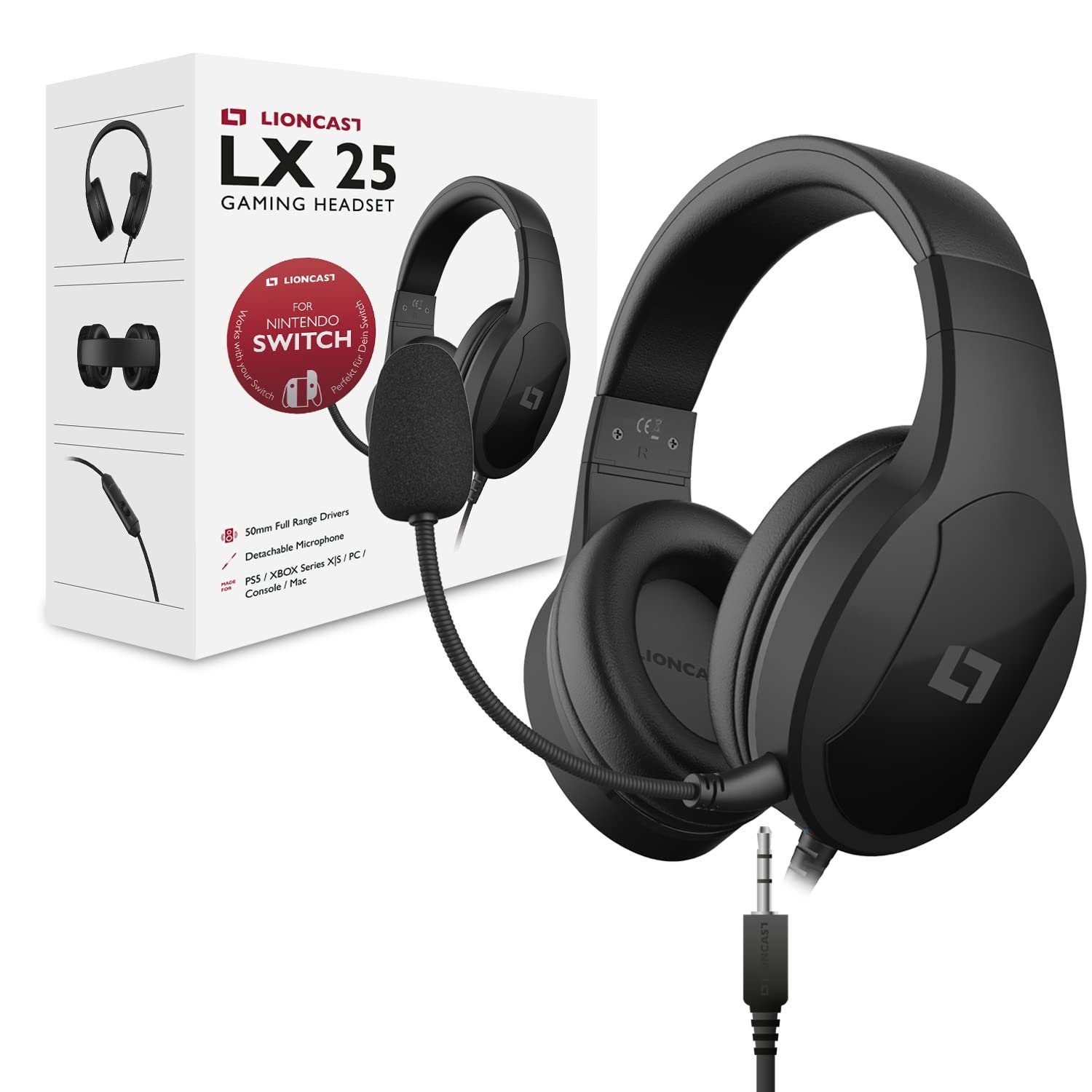 Lioncast LX25 Gaming-Headset (Geschlossener Stereo-Sound über dem Ohr, Stereo Gaming Headset abnehmbares Mikrofon Kopfhörer mit AUX Kabel) | Kopfhörer