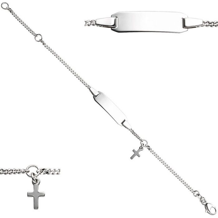 Schmuck Krone Silberarmband Kinder Armband Gravurplatte Schildband mit Kreuz Kreuzchen 925 Silber 12-14cm