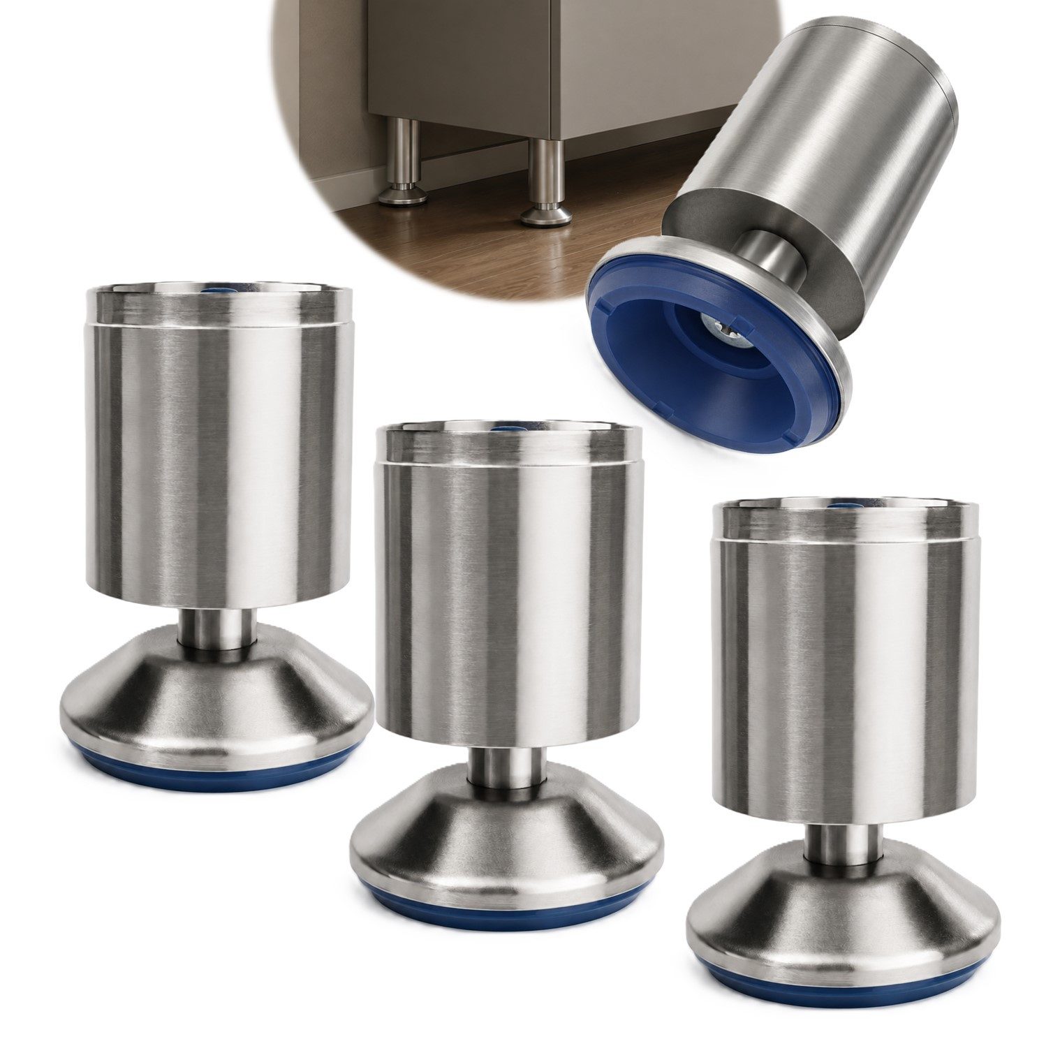 HOOZ Möbelfuß Edelstahl 80mm 4er Set gebürstet für Möbel mit breitem Stützfuß Ø58mm, (Set, 4-St., 4er-Set Möbelbeine), Breiter Stützfuß Ø 58 mm, feste Standhöhe, Kunststoffgleiter