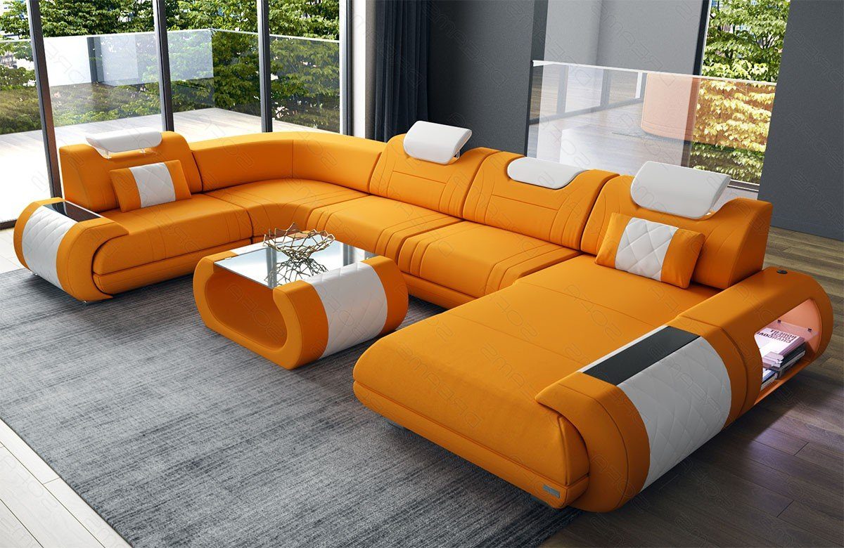 Mikrofaser Sofa apricot-weiß Bettfunktion Wohnlandschaft Rimini M Couch Dreams Stoffsofa, Sofa mit Stoff Polster wahlweise Form U