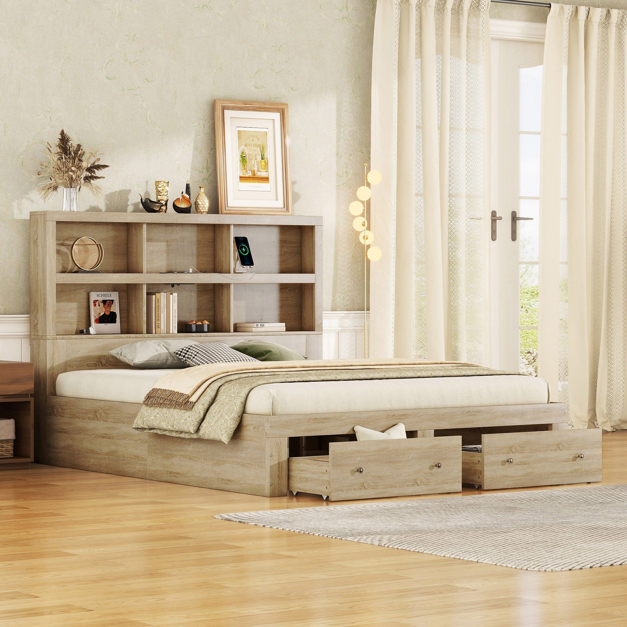 HAUSS SPLOE 160*200cm) Doppelbett Stauraum Bettrahmen zwei Bettes, Fußende mit des Schubladen Funktionsbett Bett am (mit