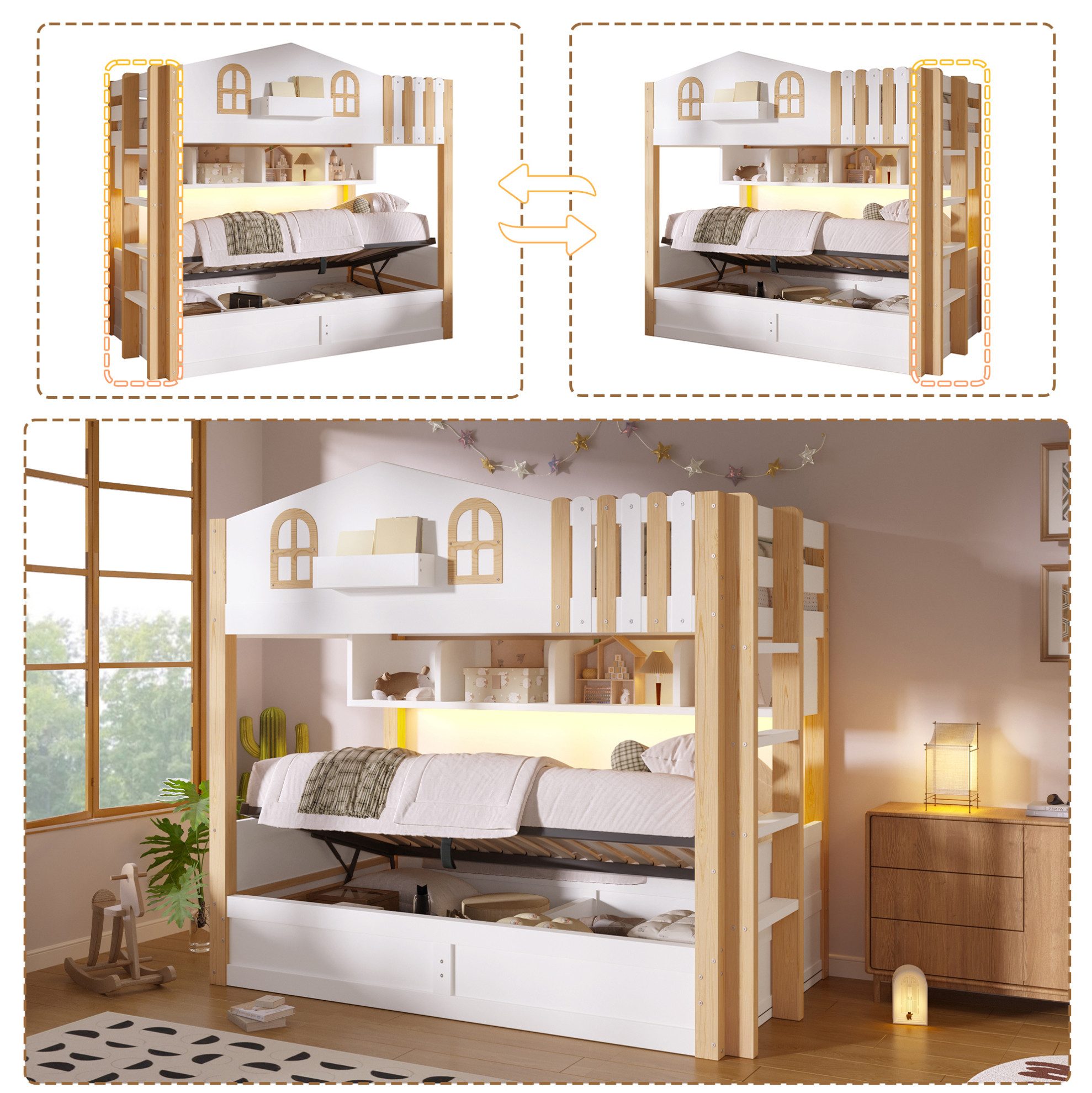 MODFU Etagenbett Kinderbett, hydraulischer Lagerung und variabler Leiteranordnung (90x200 cm Jugendbett mit LED-Leuchten, großem Stauraumfach, Holzbett Funktionsbett)