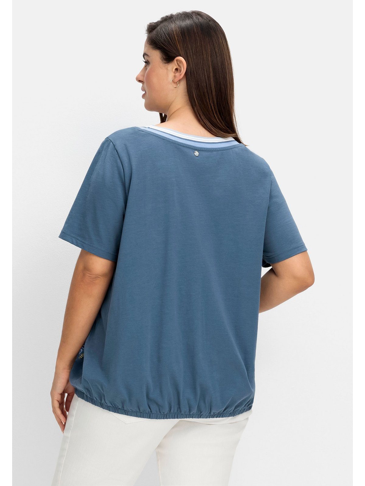 Sheego T-Shirt Große Größen mit indigo Gummizugbund gestreifter Rippblende und