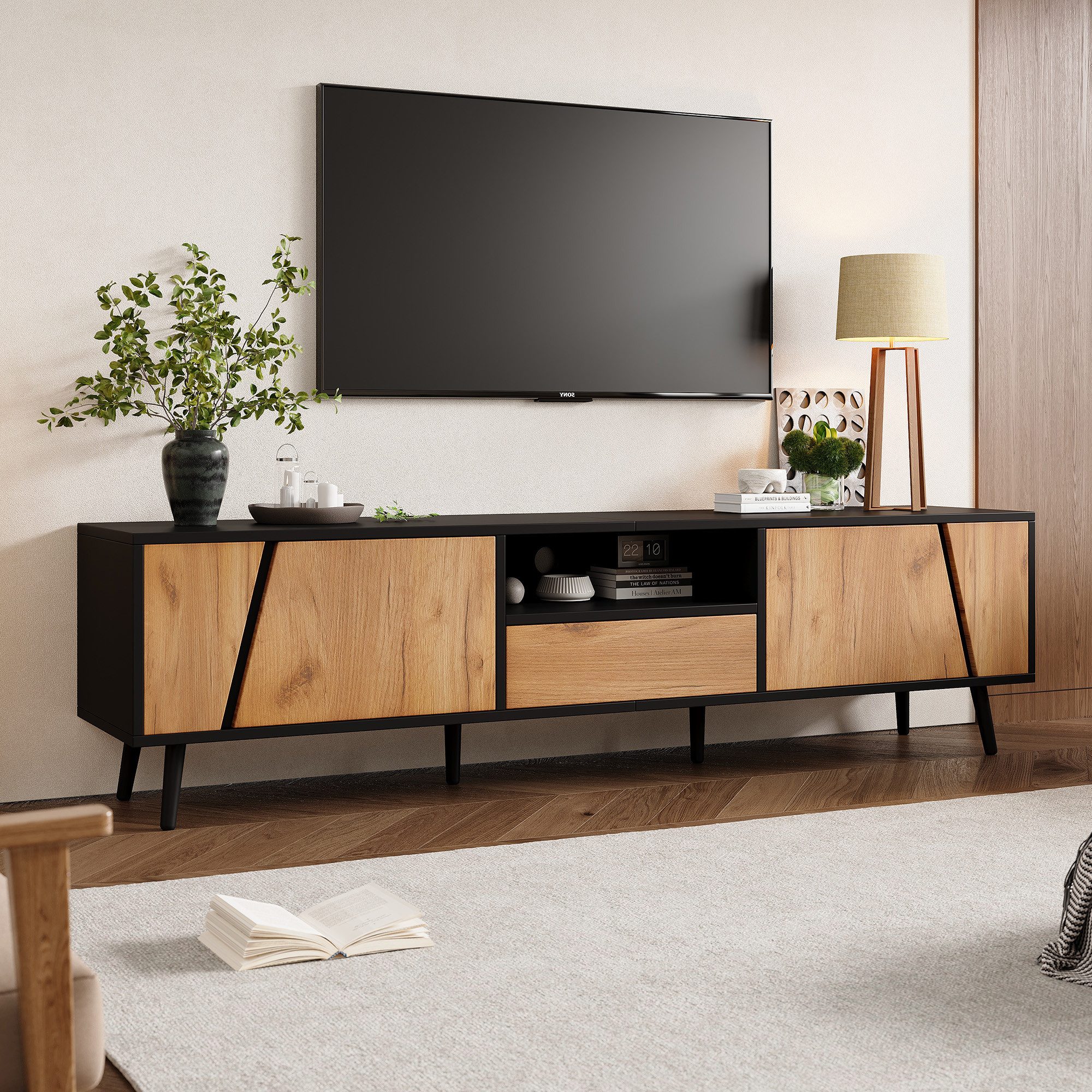 KLAM HOME Lowboard TV-Schrank mit Schubladen und 2 Schränken, 180*40*46cm (Moderne minimalistische TV-Konsole mit 6 Stützbeinen aus Massivholz), Passend für 75-Zoll-Wohnzimmerschränke
