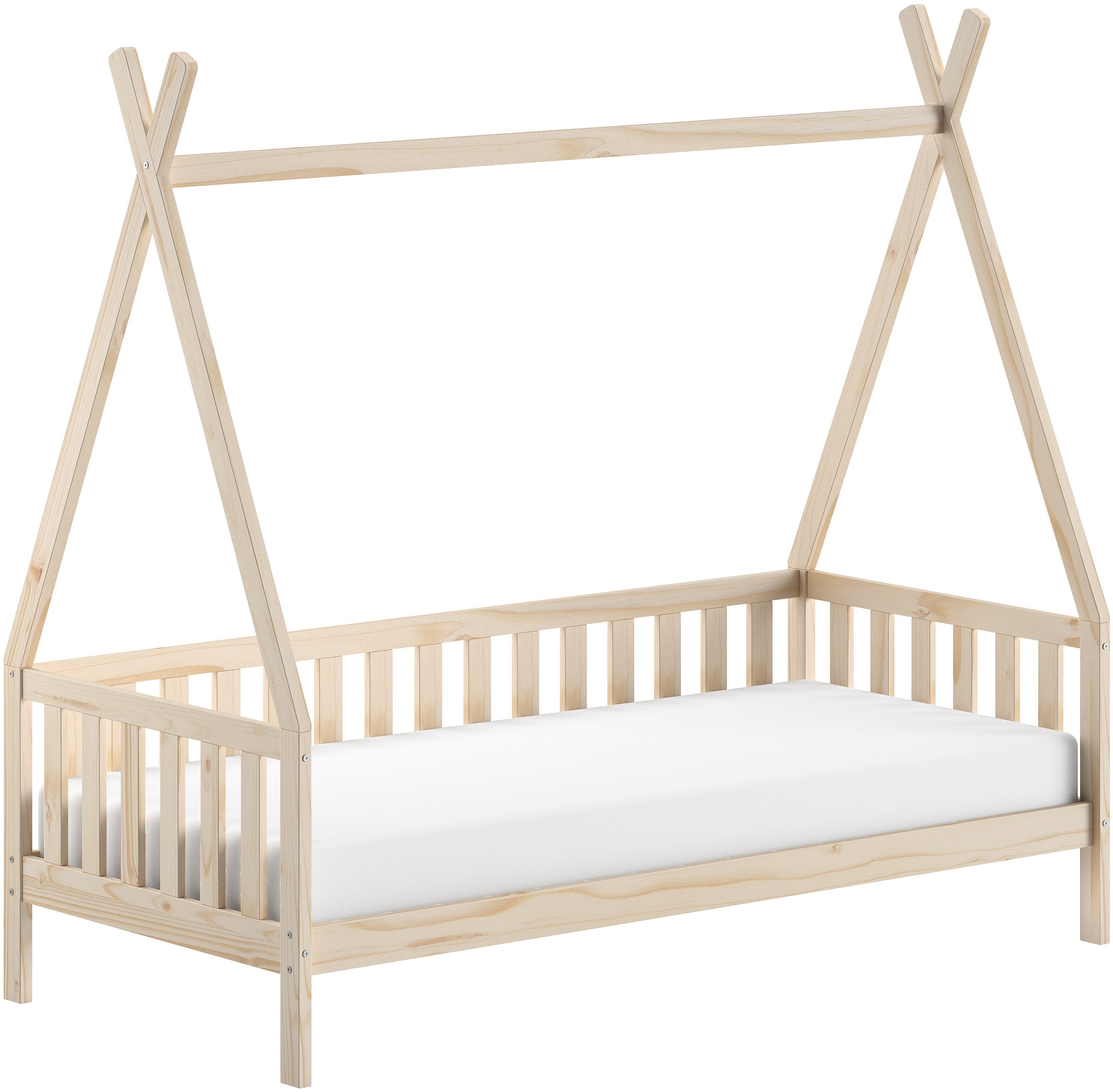Vipack Massivholzbett mit Tipi Dach, seitlich und hinten mit Sprossenumrandung (Liegefläche 90/200 cm inkl. Massivholz Rollattenrost), Korpus aus massiver Kiefer, natur lackiert