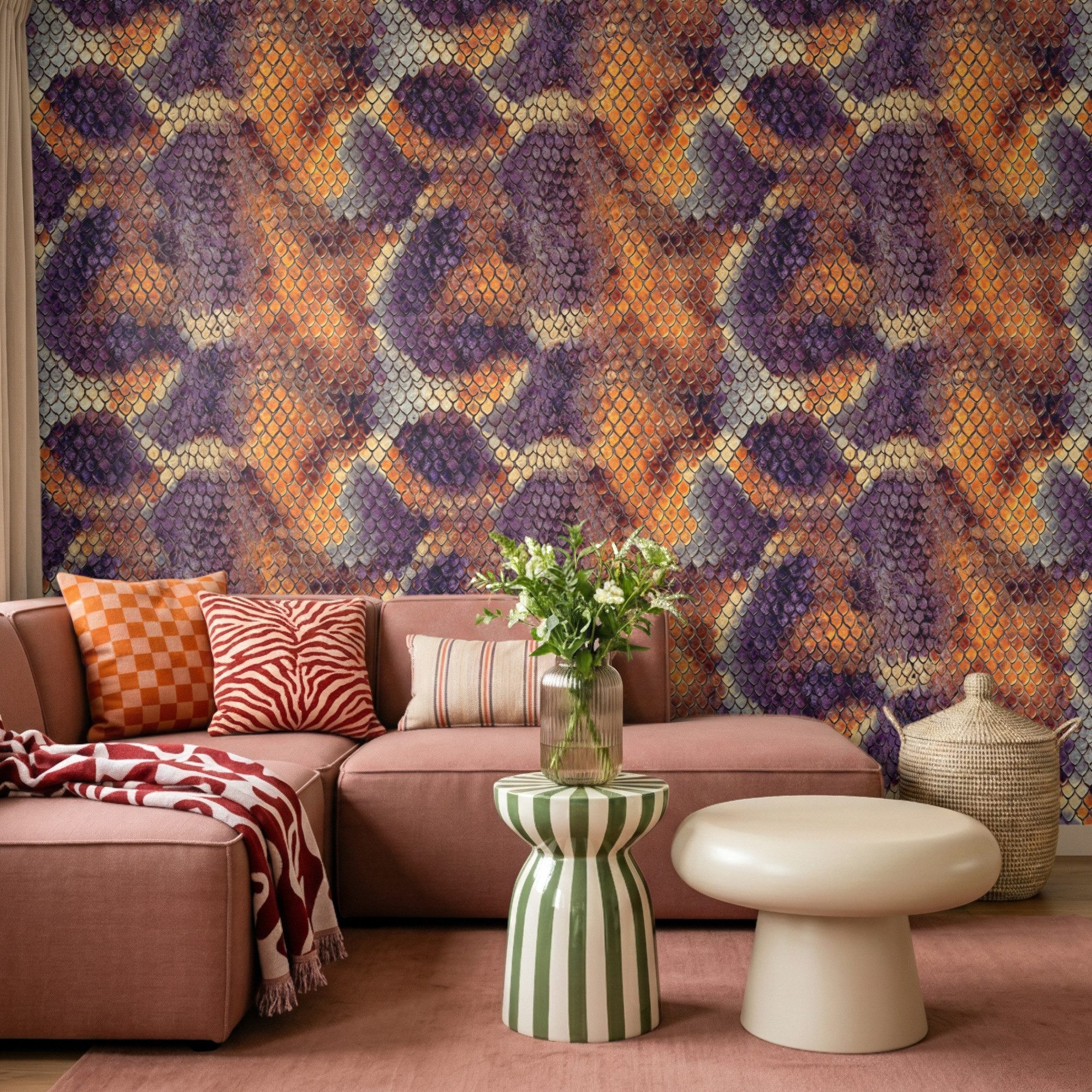 OnlyWow Fototapete Schlange – Bunt – Schuppen, Matt, bedruckt, Schlafzimmer, Modern, Wanddekoration 260x200cm