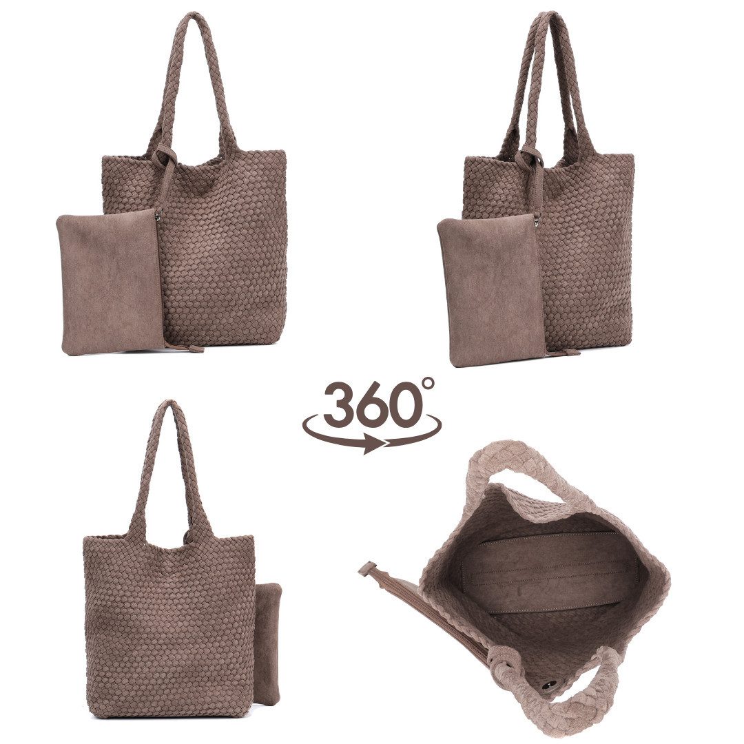MIRROSI Shopper Damen Schultertasche Handgeflochten Wildleder-Optik (Schultertasche mit kleiner Zusatztasche, ca.36x14x31 cm), große Hobo Bag mit Innentasche – Bild 3 von 3