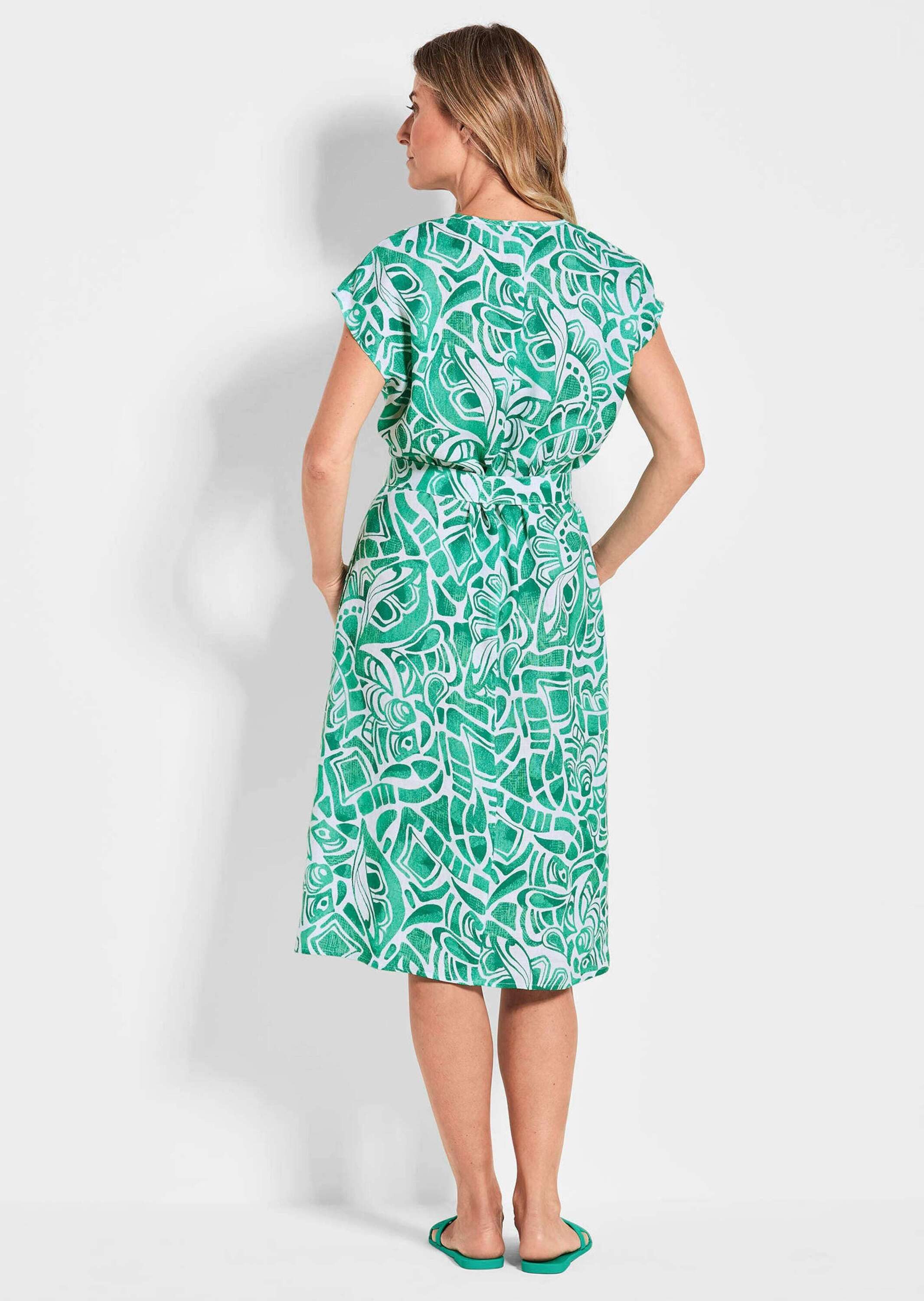 GOLDNER Sommerkleid Kurzgröße: Leinenkleid Ethno, Halbarm Printkleid aus Leinen, gemustert, figurbetont, Halbarm, tailliert