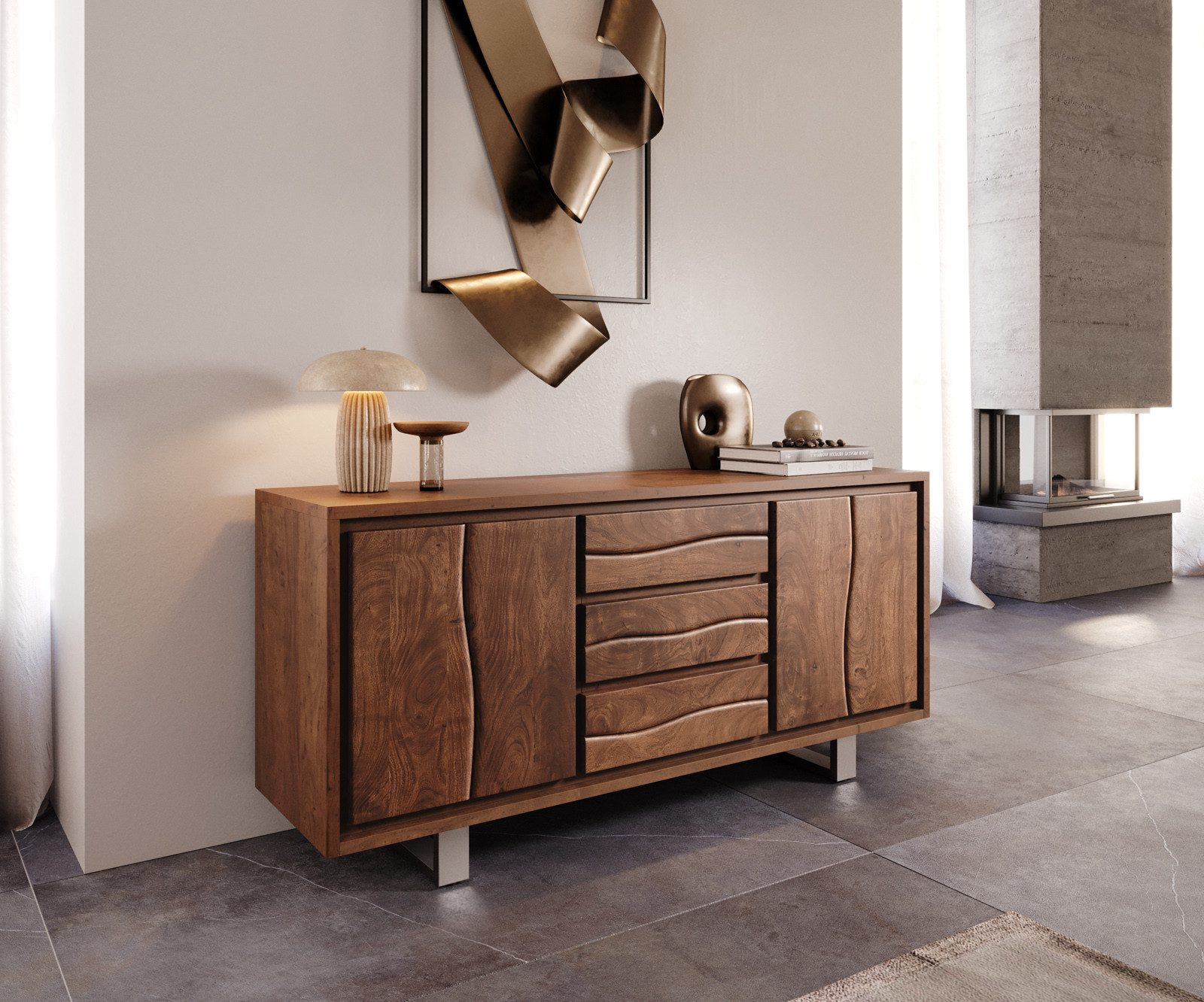 DELIFE Sideboard Live-Edge, Akazie Braun 172 cm 4 Türen 3 Schübe Baumkante günstig online kaufen