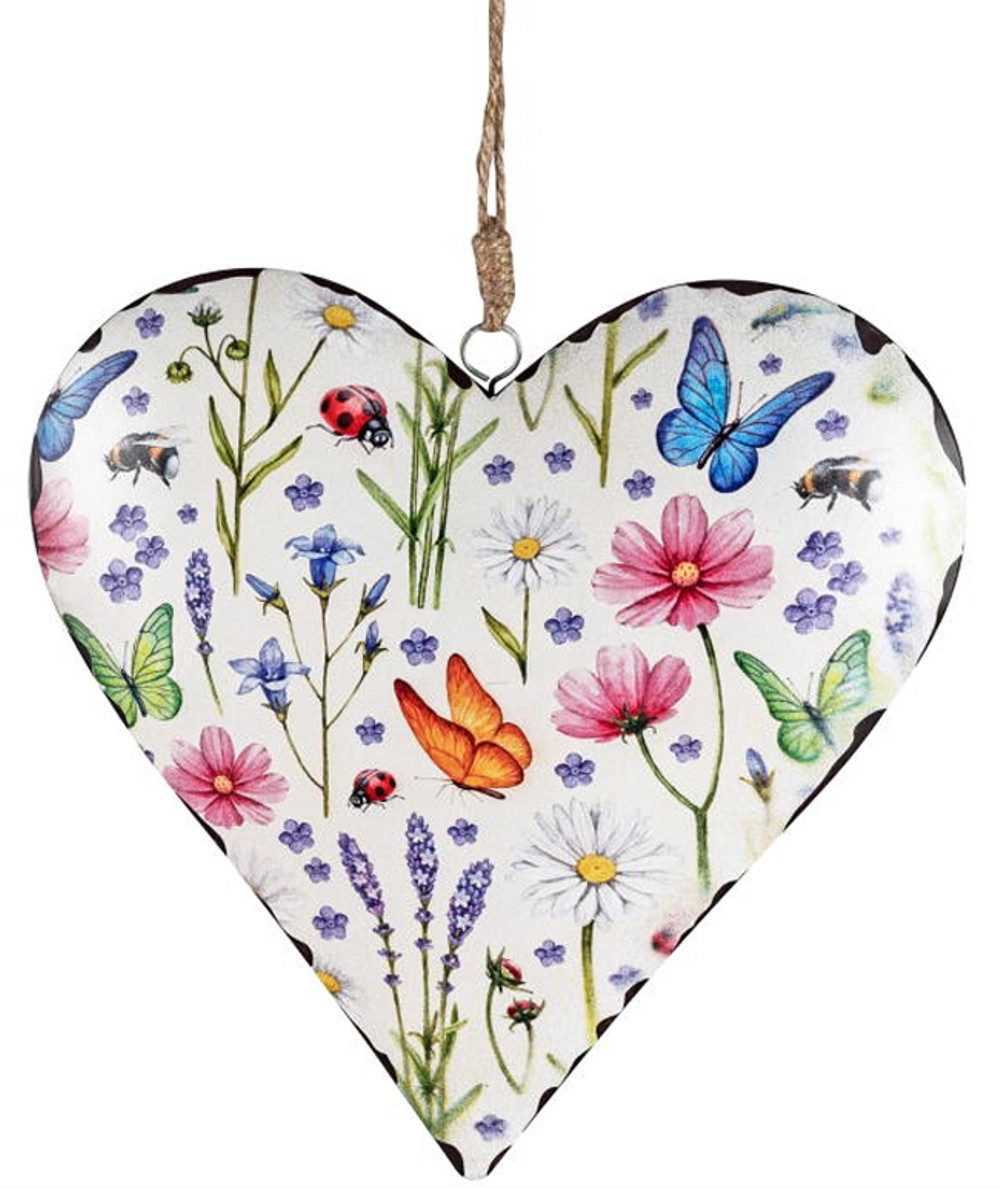Dekohänger Herz aus Metall Blumenwiese 20cm - Dekor auf Vorder- und Rückseite