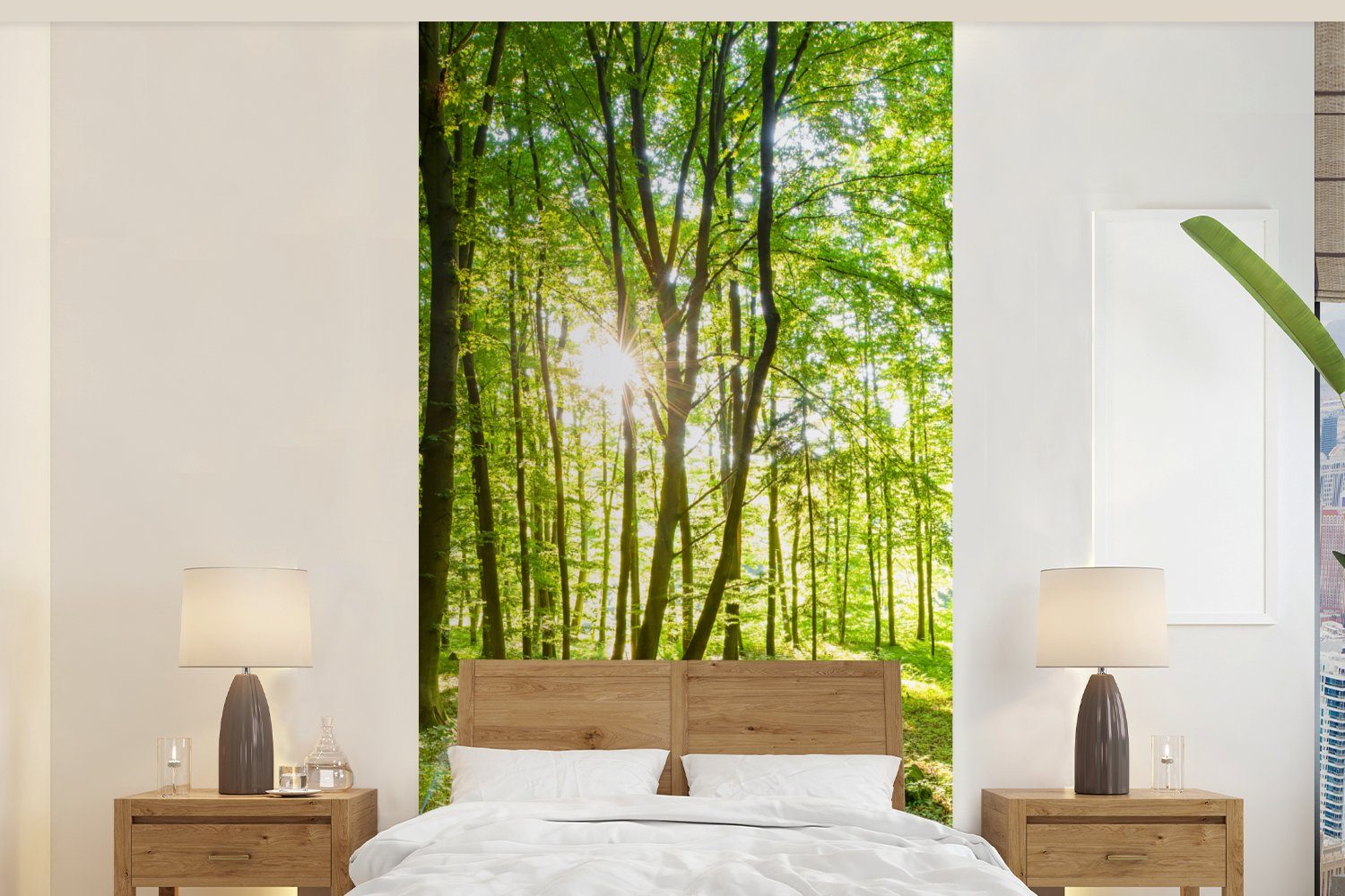 Bäume MuchoWow - Schlafzimmer - bedruckt, Küche, Grün Fototapete (2 Vliestapete für Matt, Fototapete - Sonnenlicht, - Wohnzimmer Wald St), Natur