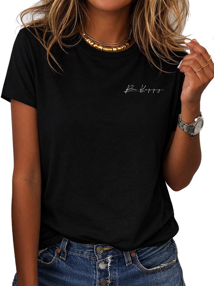 RMK T-Shirt Damen Shirt Rundhals Basic Be Happy Glücklich sein aus Baumwolle