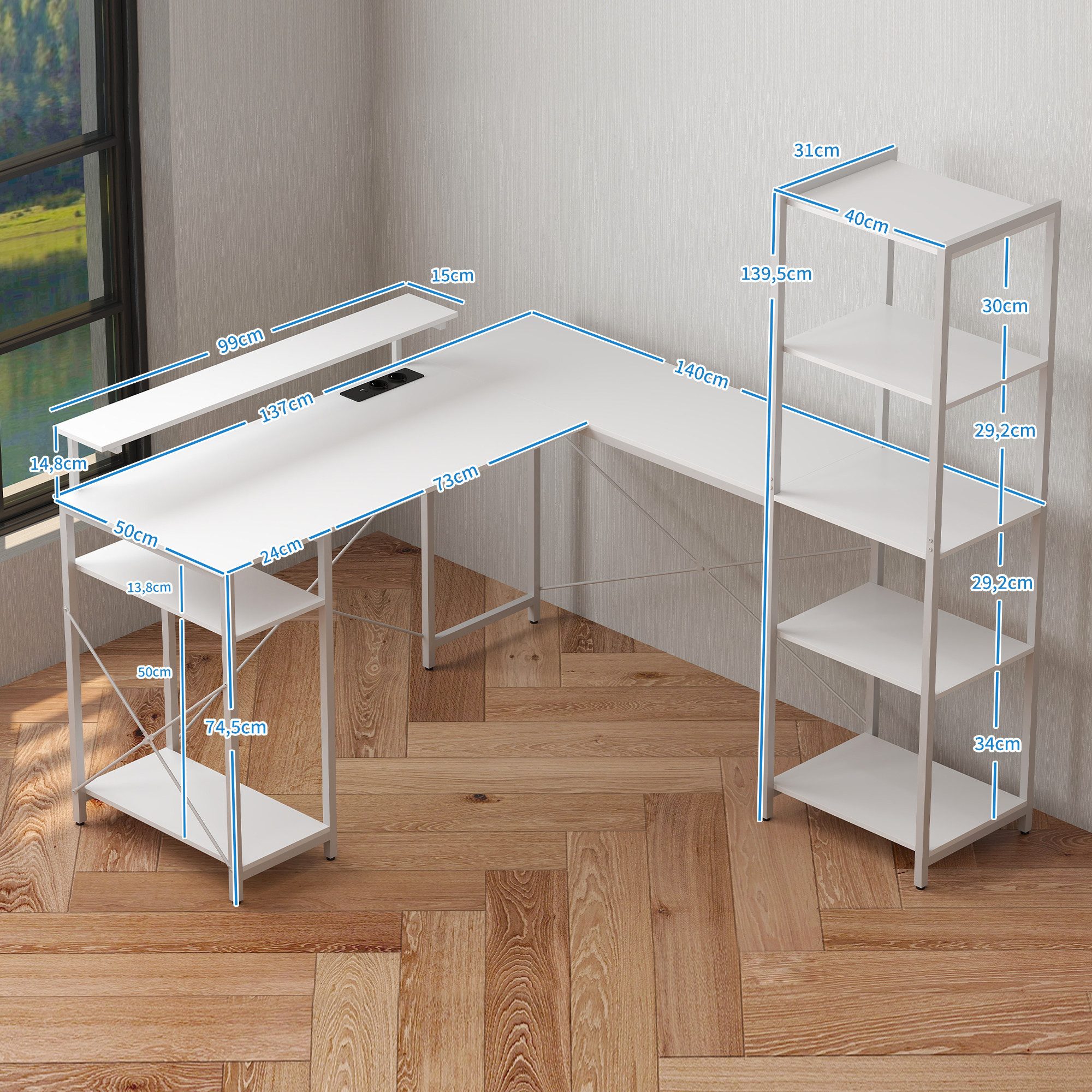 HOMCOM Computertisch L-förmig, 137 x 140 x 139,5 cm, mit 6 Ablagen, Monitorständer (Bürotisch, 1-St., Eckschreibtisch), mit Monitorständer, USB, Steckdose, für Homeoffice, Büro, Weiß
