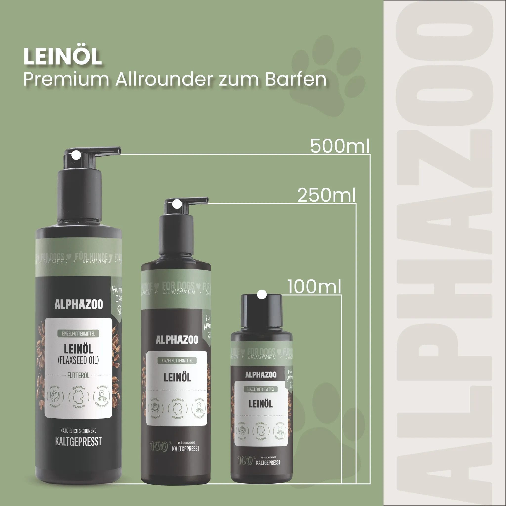 ALPHAZOO Leinöl für Hunde 500ml, Premium Omega-3 Futteröl für Haut und Fell, Ergänzungsfutter für: Hunde, Ideal für BARF und Verdauung