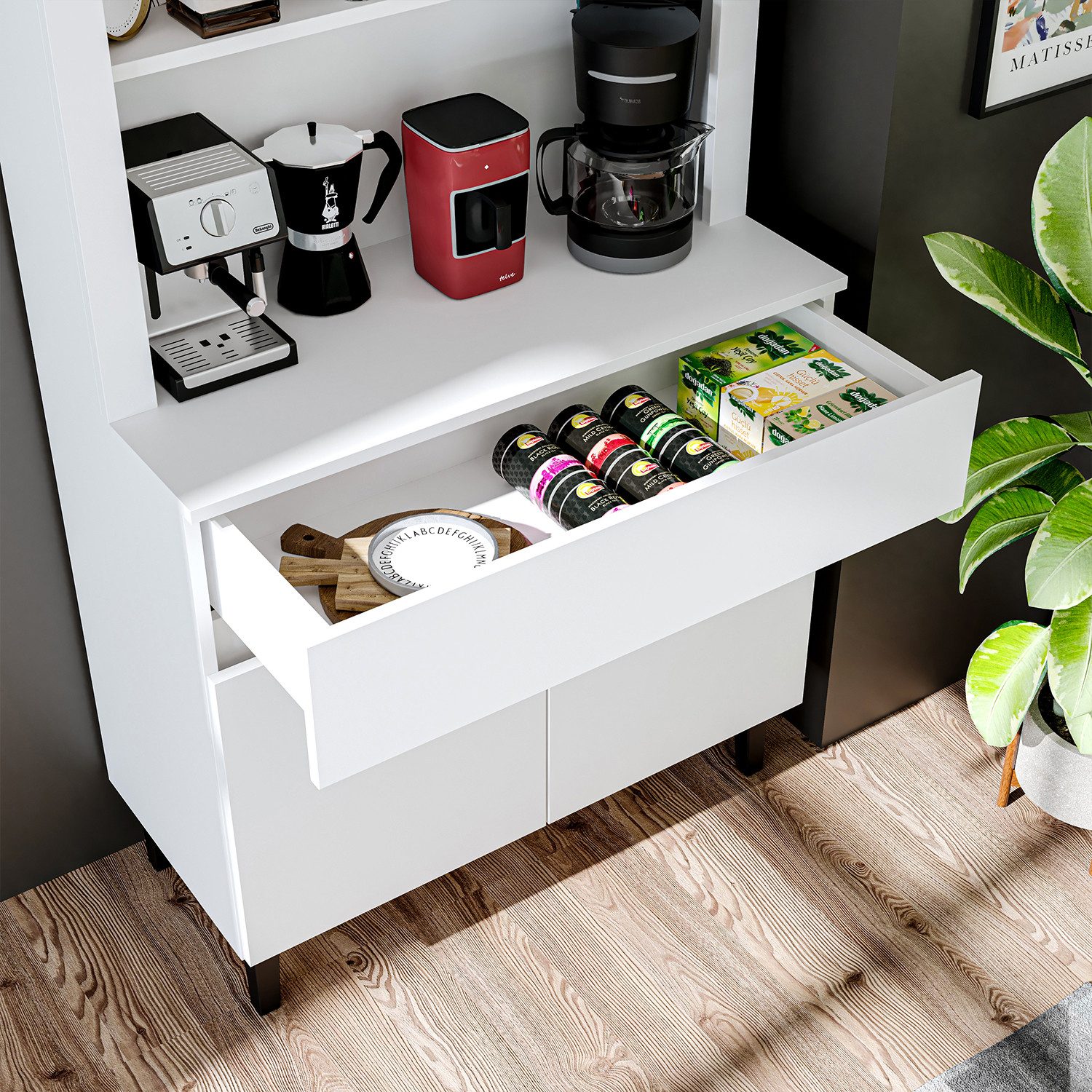 Roomart Küchenregal VENEDIK Küchenschrank 90 cm, Buffet, Schublade in 4 Farben, mit Beleuchtung, offene Nische, Schublade, Einlegeböden in 4 Farben