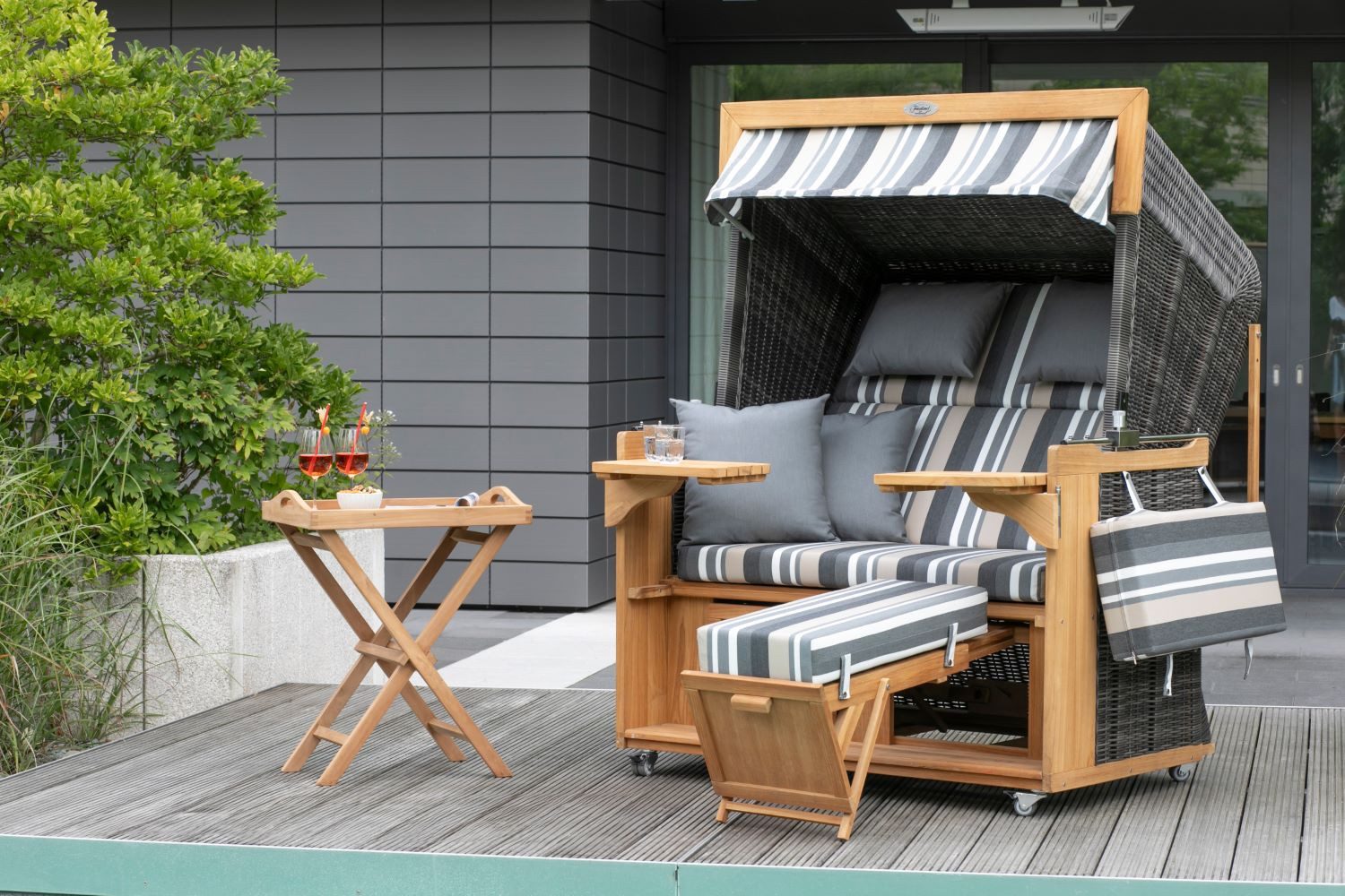 deVries PURE® Strandkorb Friesland Sylt XL - PE stone grey - Dessin 158, BxTxH: 135x90x165 cm, Volllieger, Nordsee-Strandkorb, Teakholz - PE-Markengeflecht - bequeme Polster - Schutzhülle