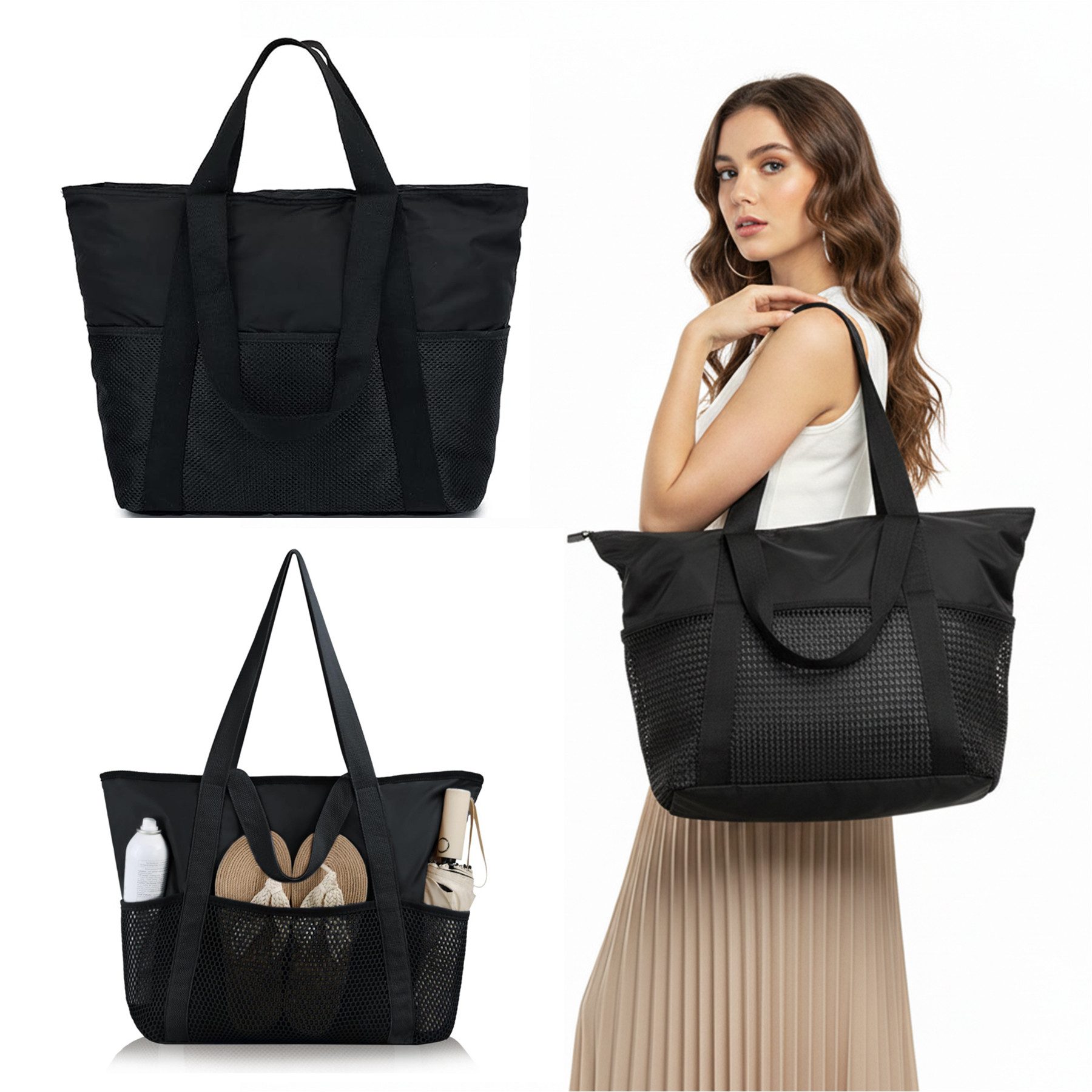 Mutig Strandtasche Strandtasche XL Familie,Groß Strandtasche reisetasche damen shopper (handtaschen damen groß mit Reißverschluss Wasserdicht Sanddicht, schwimmtasche, Umhängetasche Damen, 30L, Faltbar, Ultraleicht, Badetasche), für Urlaub Reisen Fitnesss