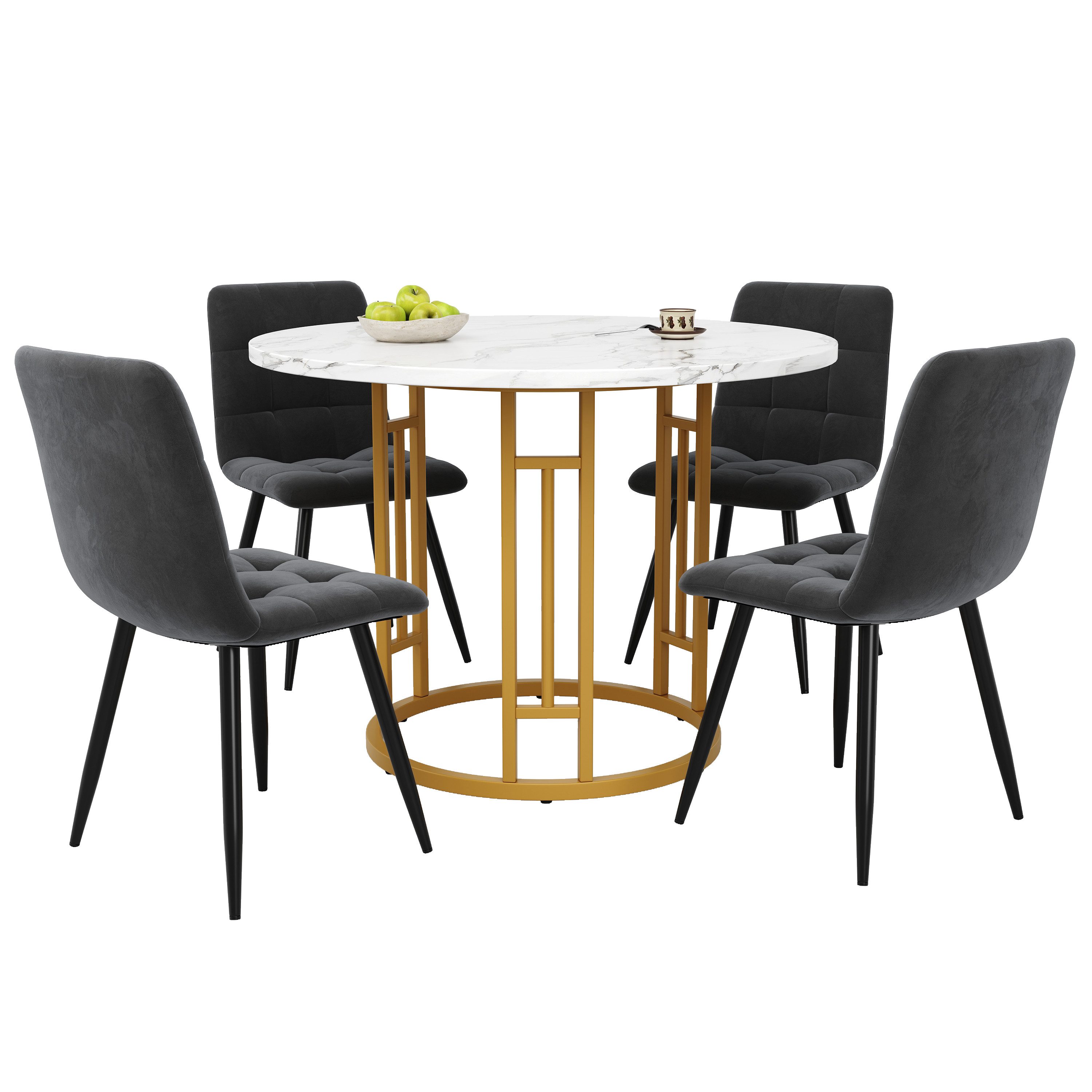 MODFU Essgruppe Stylisches Esstisch,Esszimmerstühle,Esstisch-Set, (Exklusives 5-teiliges Esstisch-Set mit rundem 80 cm MDF-Marmor-Tisch, verstellbaren goldenen Metallbeinen & samtbezogenen Stühlen – perfekt für Küche, Esszimmer & Familien mit Stil, 5-tlg)