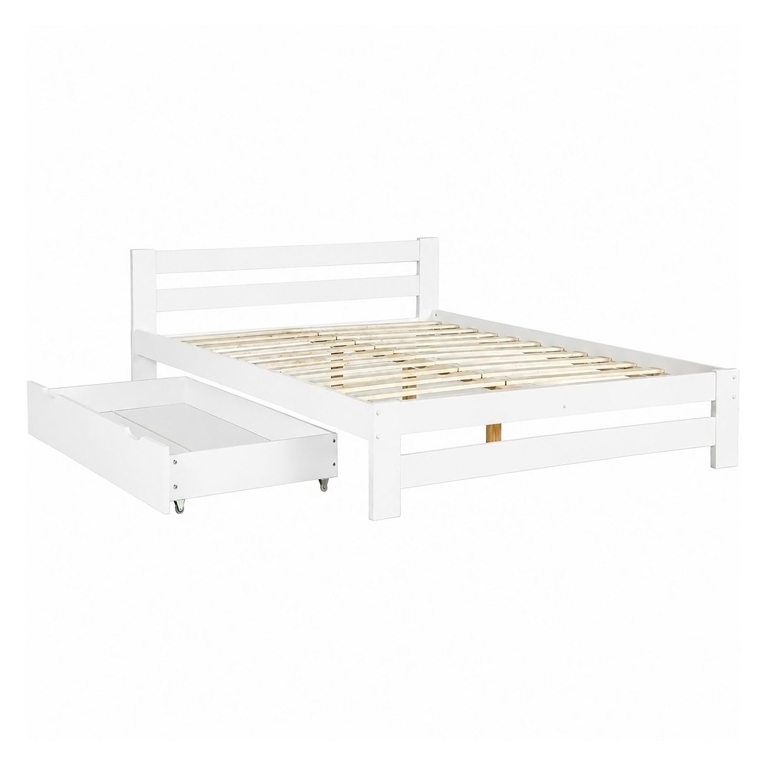 Homestyle4u Holzbett 140x200 Doppelbett Weiß Kiefer Holz mit Kopfteil (Set, mit Lattenrost, mit Bettkasten / Schublade), mit Stauraum (1x Bettkasten/Schublade), Stauraumbett