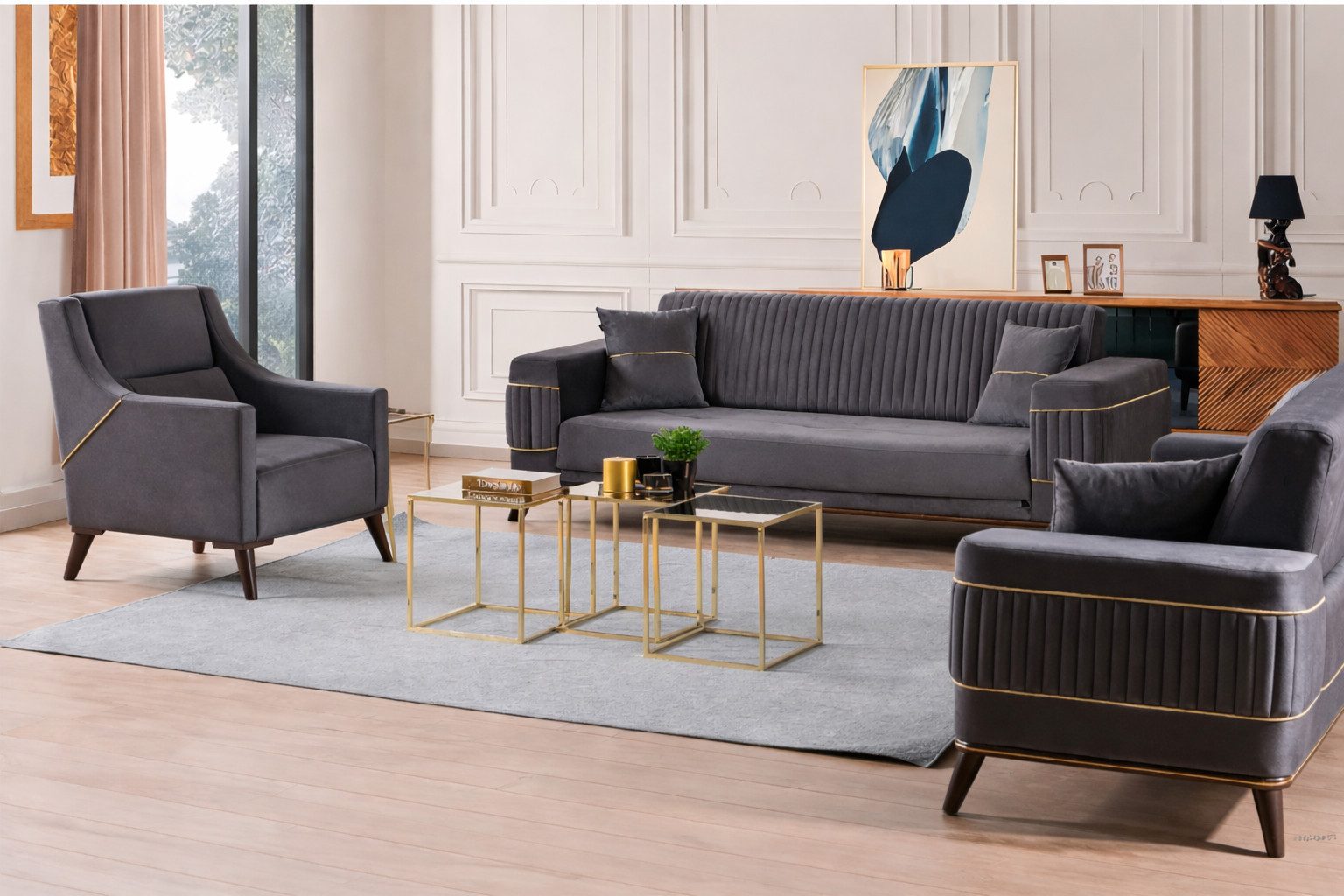 JVmoebel Sitzgruppe Sofaset mit Sesseln und modernen Goldakzenten hochwertige Möbel, (3-tlg)